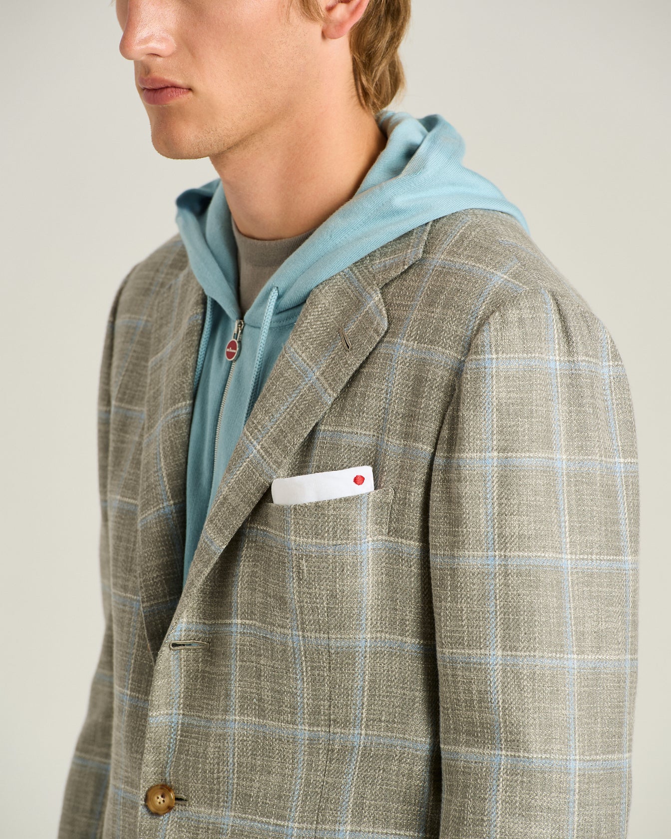 SILK, COTTON AND WOOL CHECKED SINGLE-BREASTED JACKET IN BEIGE - Image 4
