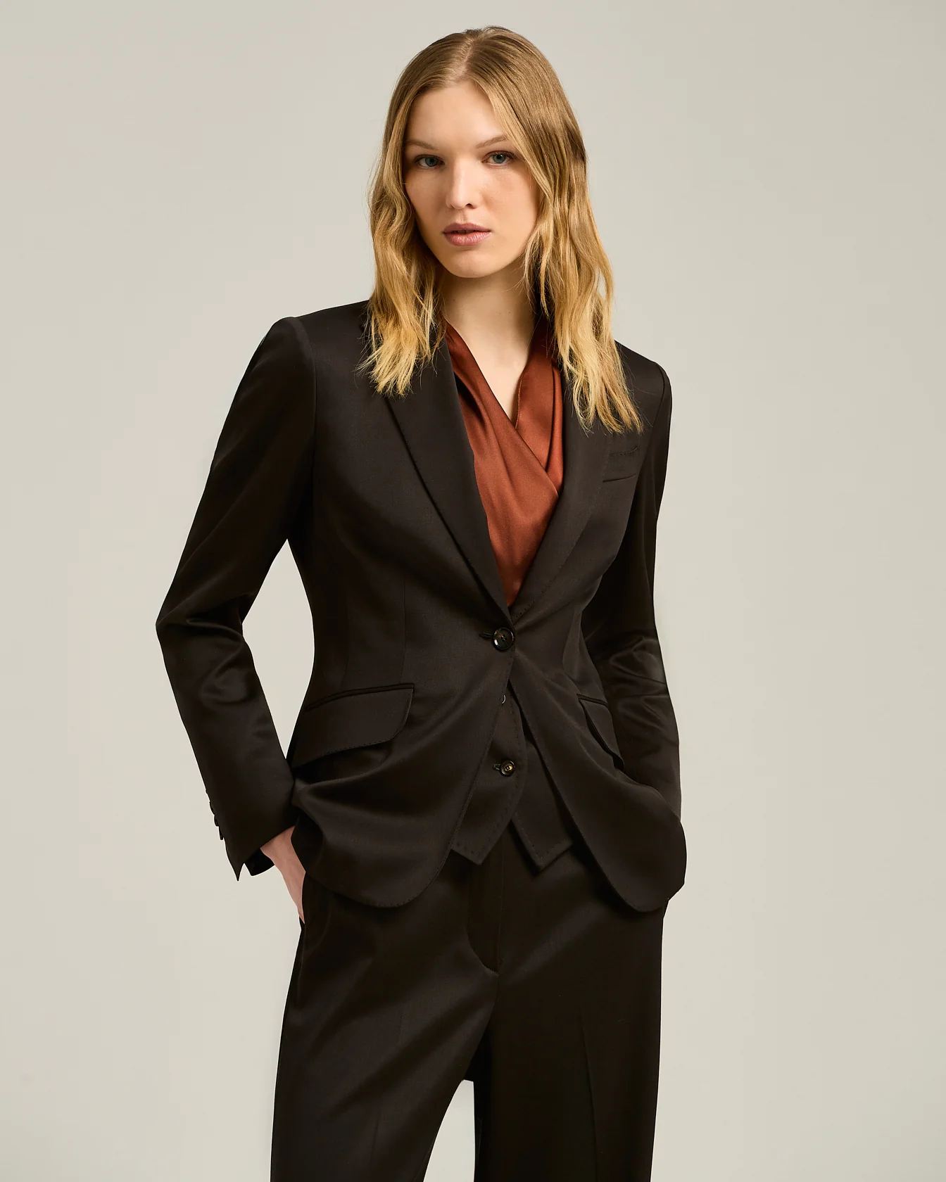 SINGLE-BREASTED JACKET IN STRETCH VIRGIN WOOL BROWN - Image 2