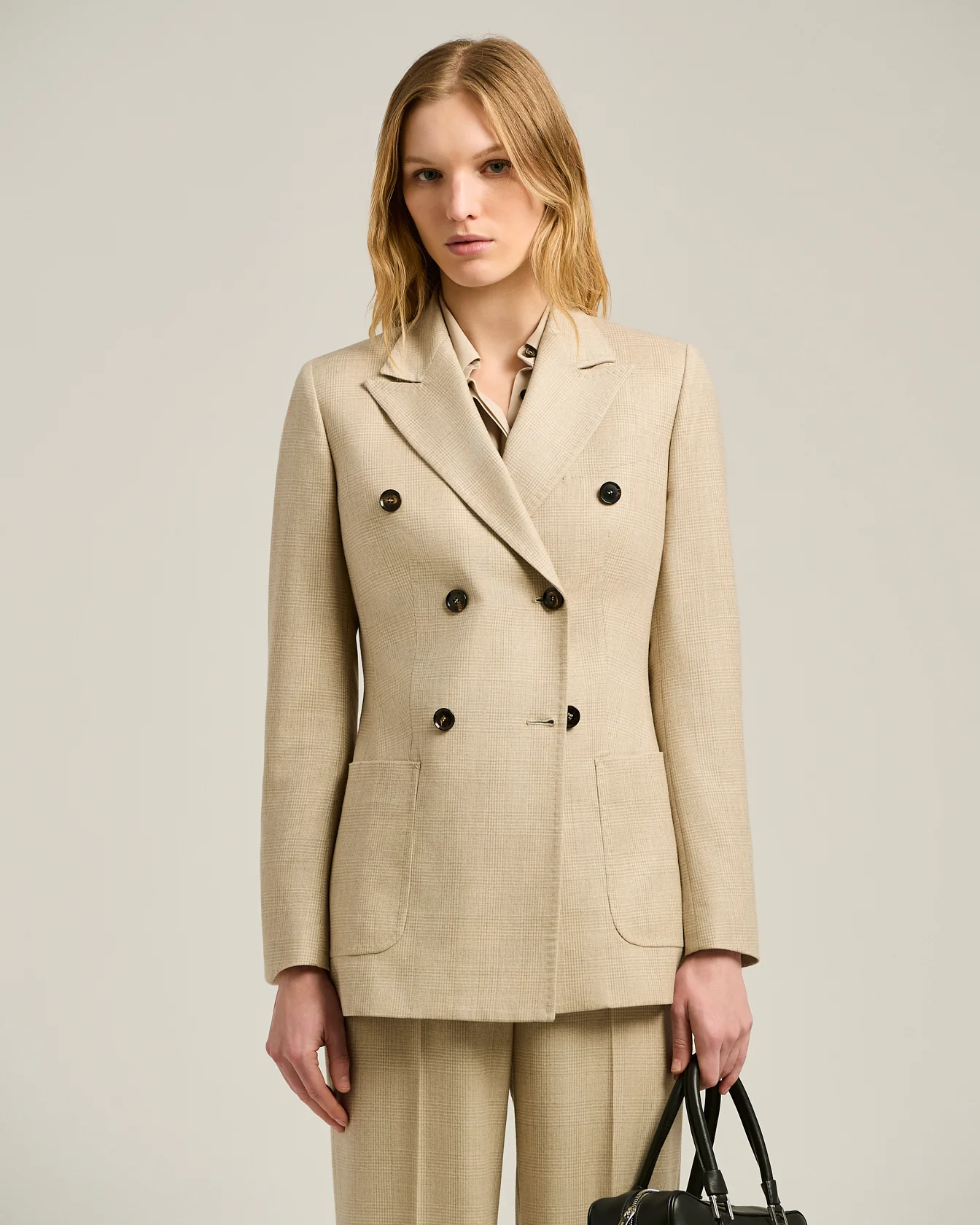 DOUBLE-BREASTED BLAZER PRINCE OF WALES IN VIRGIN WOOL BEIGE - Image 2