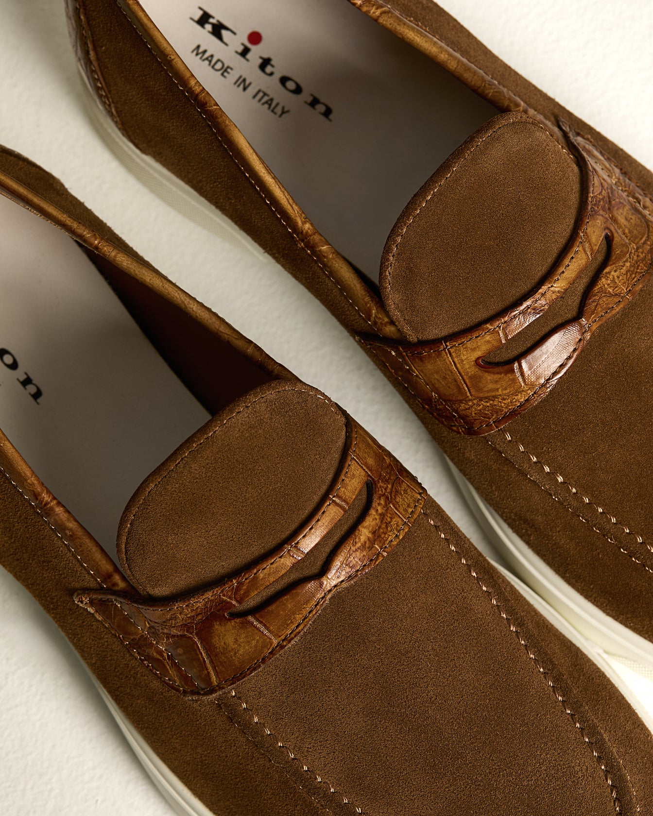 BROWN/HAVANA SUEDE CALFSKIN LOAFER WITH CROCODILE INSERTS - Image 3