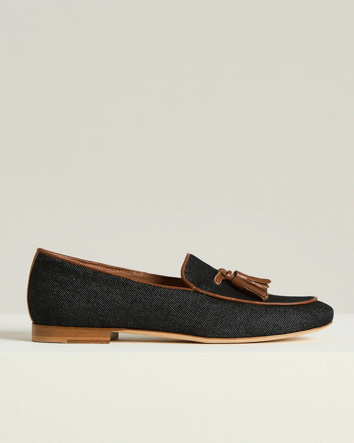 COTTON TASSEL LOAFER IN DENIM AND CALFSKIN LEATHER