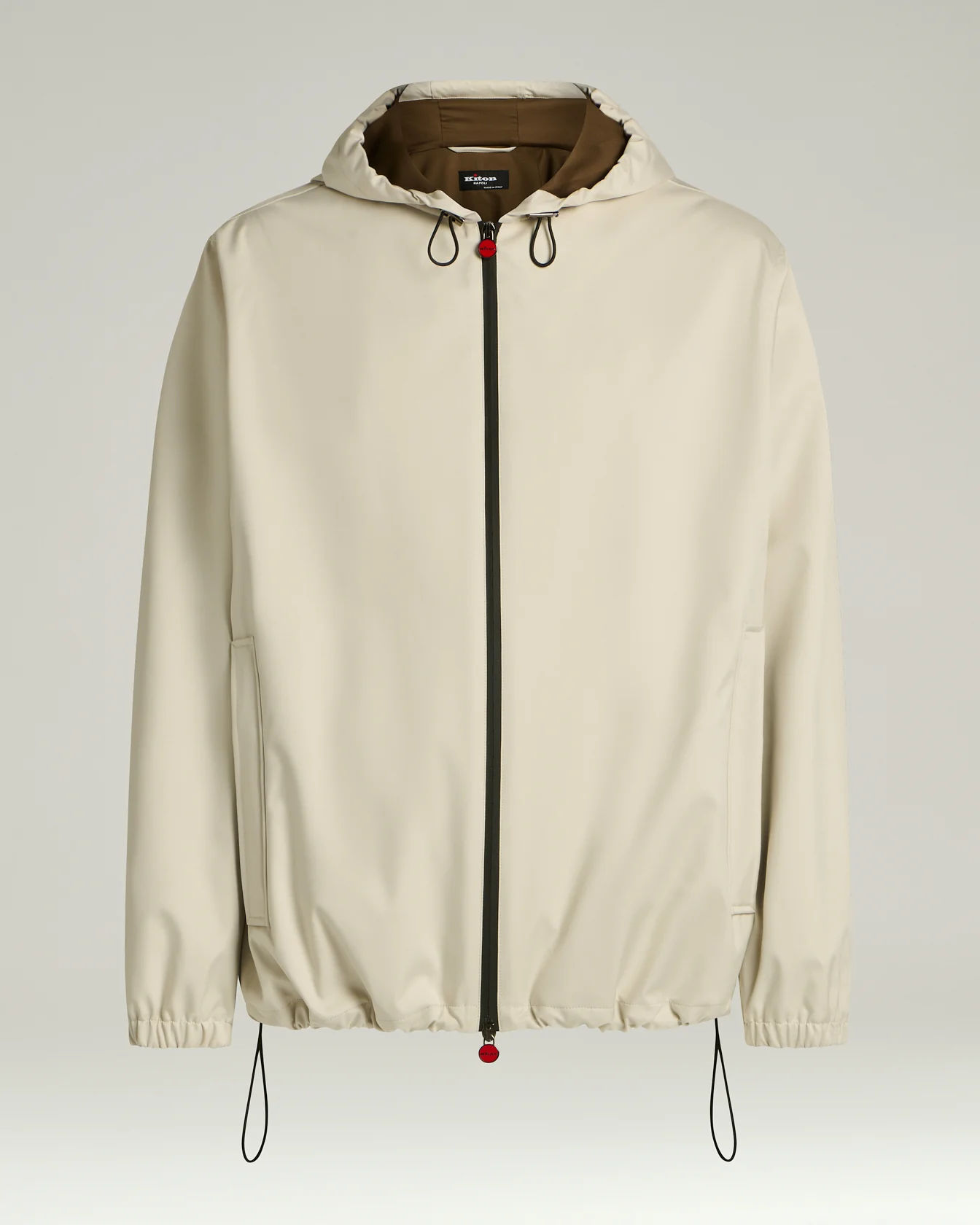 HOODED WINDBREAKER BOMBER JACKET WITH CONTRASTING LINING IN IVORY AND MUD
