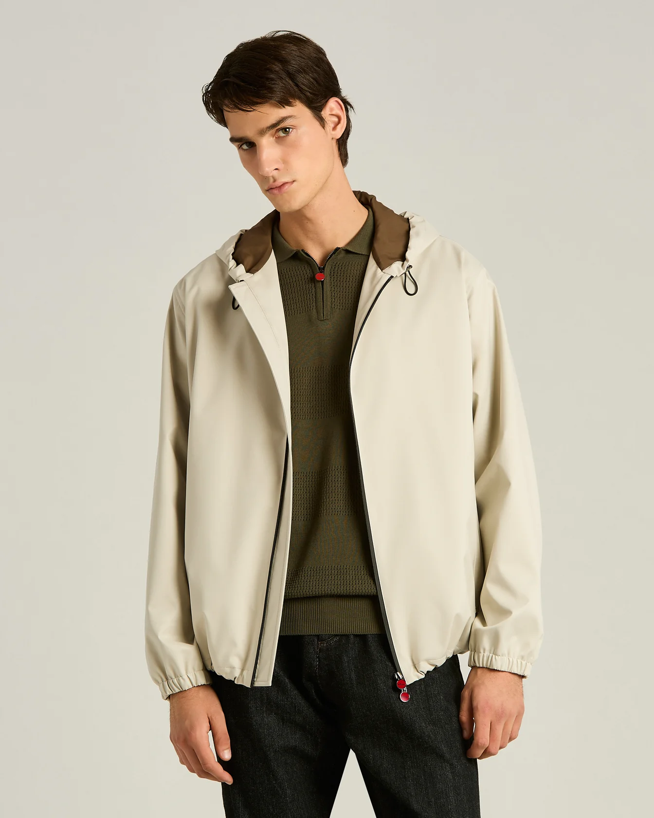 HOODED WINDBREAKER BOMBER JACKET WITH CONTRASTING LINING IN IVORY AND MUD - Image 2
