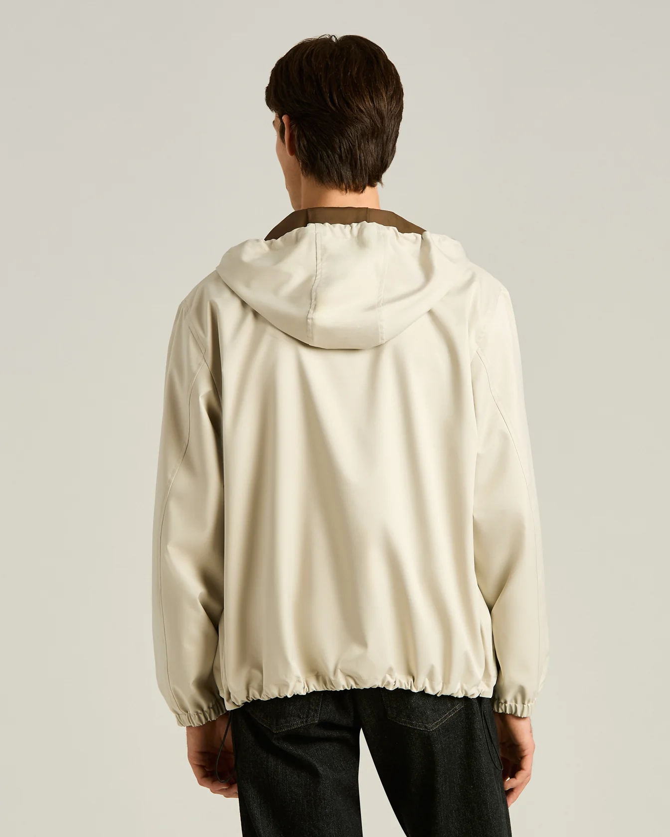 HOODED WINDBREAKER BOMBER JACKET WITH CONTRASTING LINING IN IVORY AND MUD - Image 3
