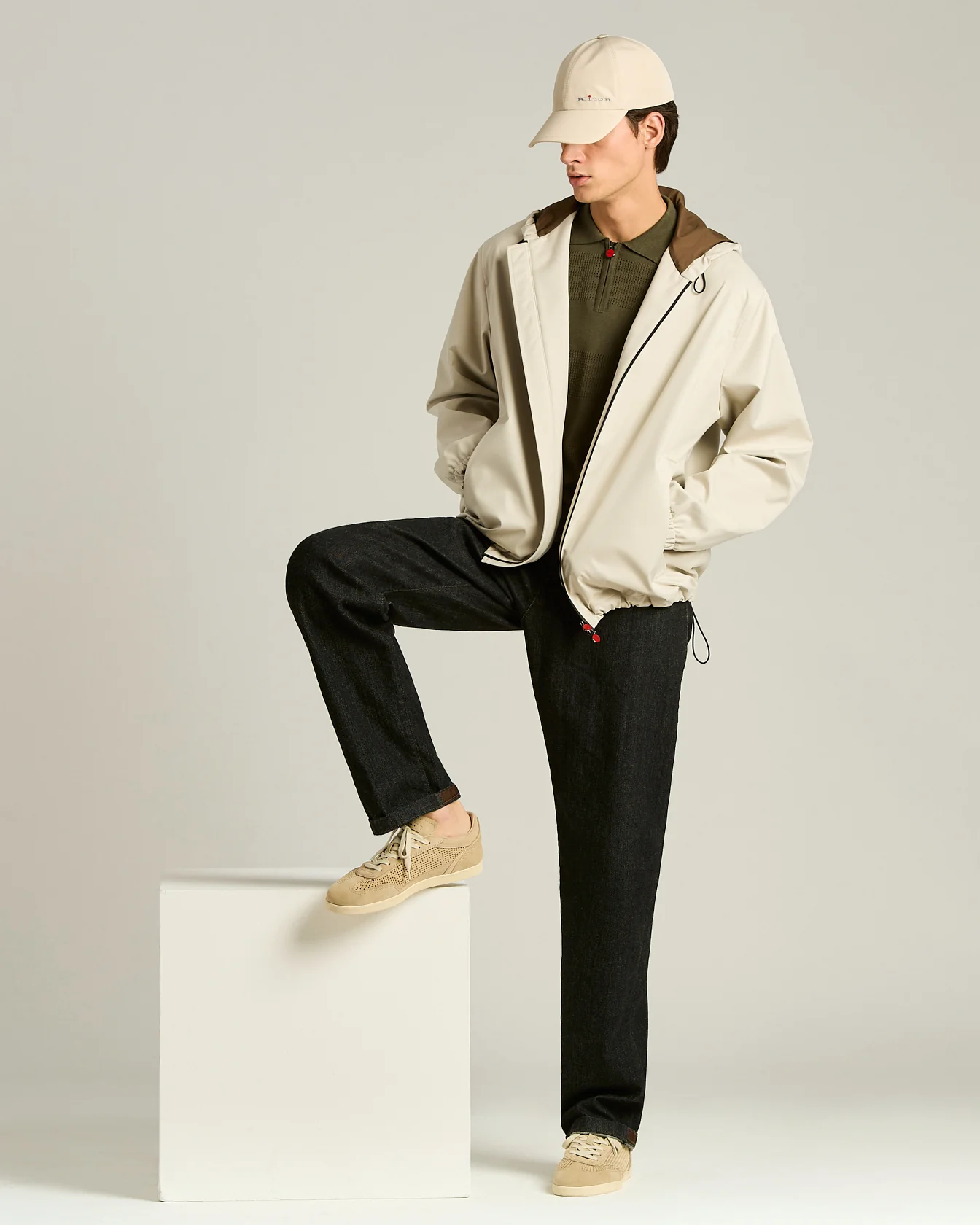 HOODED WINDBREAKER BOMBER JACKET WITH CONTRASTING LINING IN IVORY AND MUD - Image 5