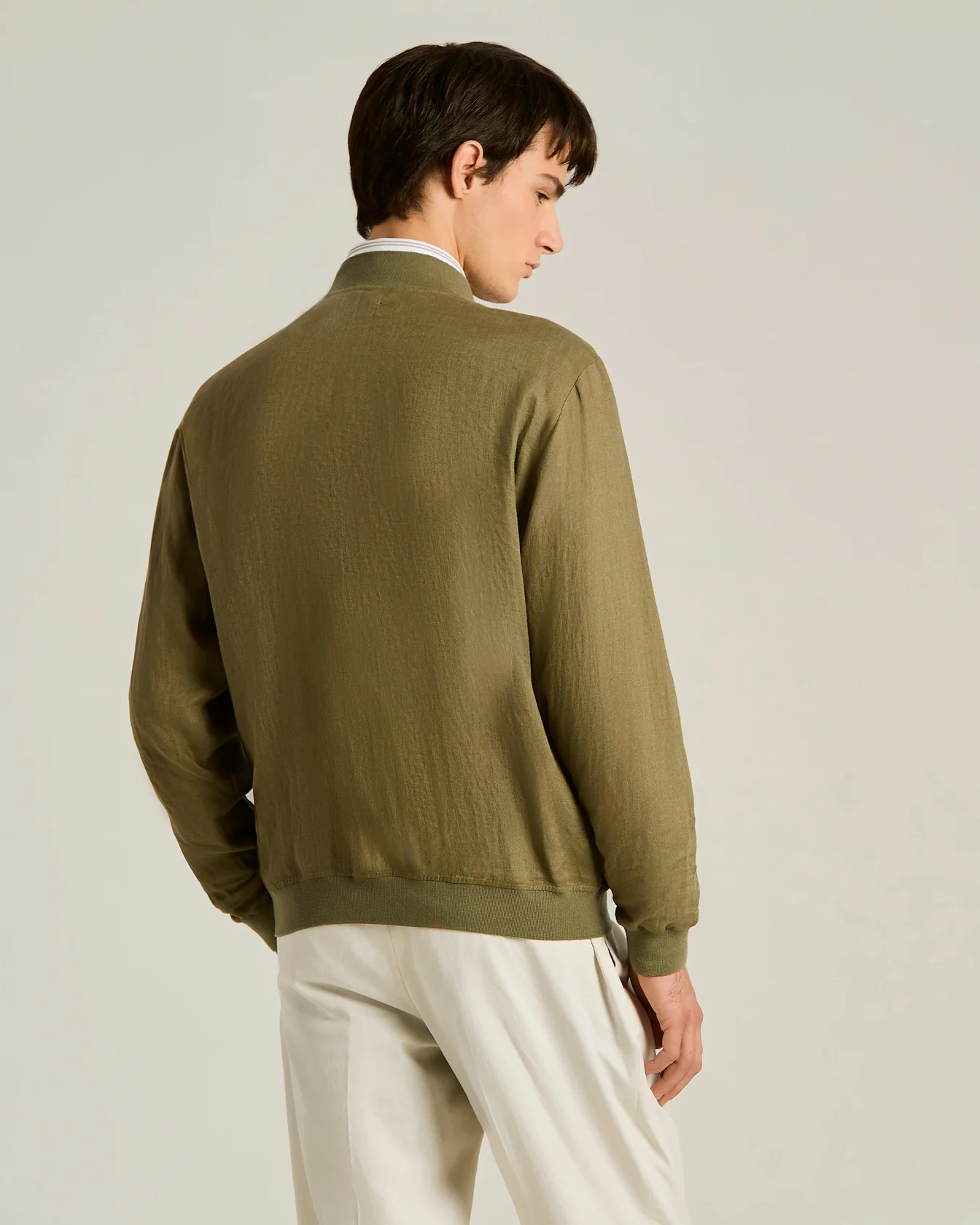 PURE LINEN JACKET WITH ZIPPER IN KHAKI - Image 3