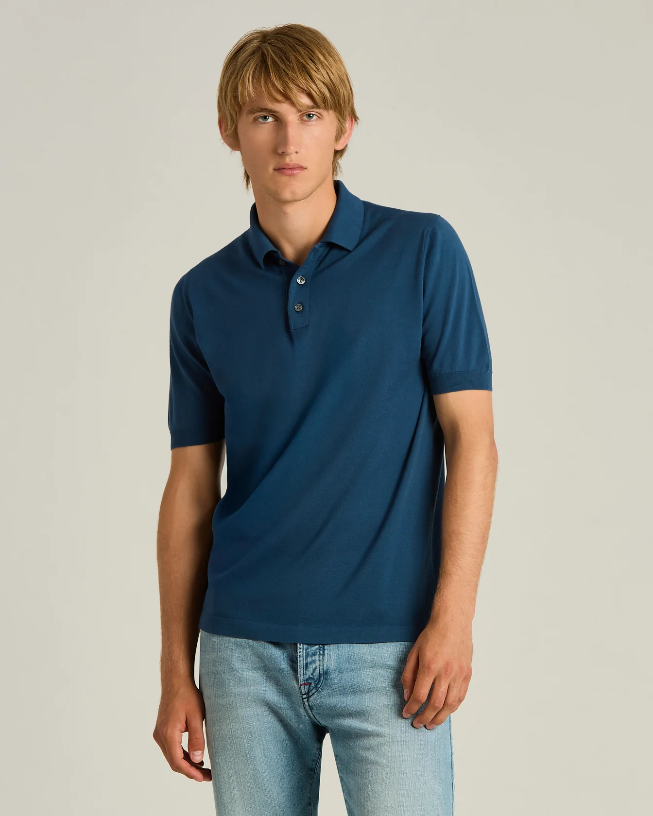 PURE COTTON BLUE POLO SHIRT AVIO WITH MOTHER OF PEARL BUTTONS - Image 2
