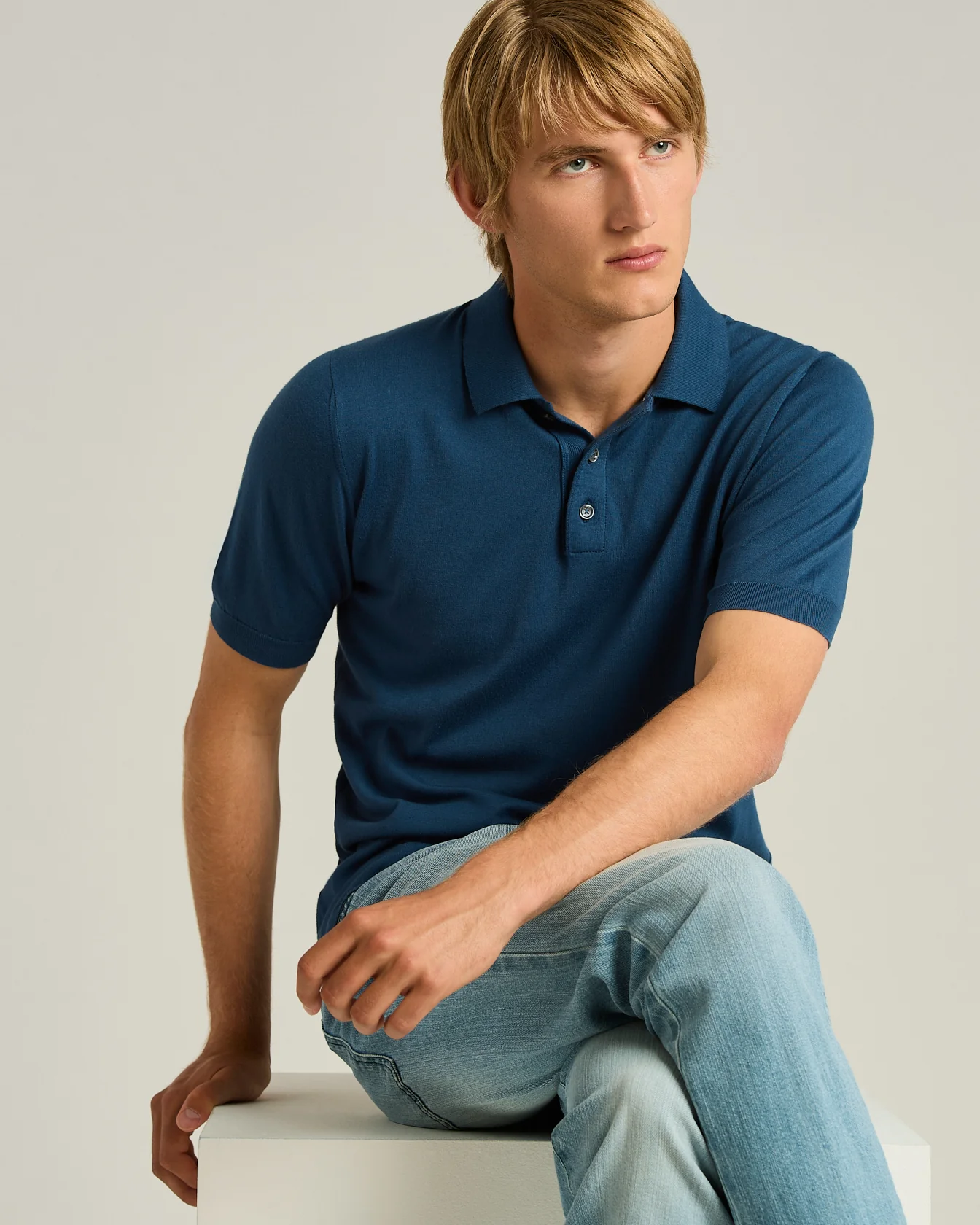 PURE COTTON BLUE POLO SHIRT AVIO WITH MOTHER OF PEARL BUTTONS - Image 4