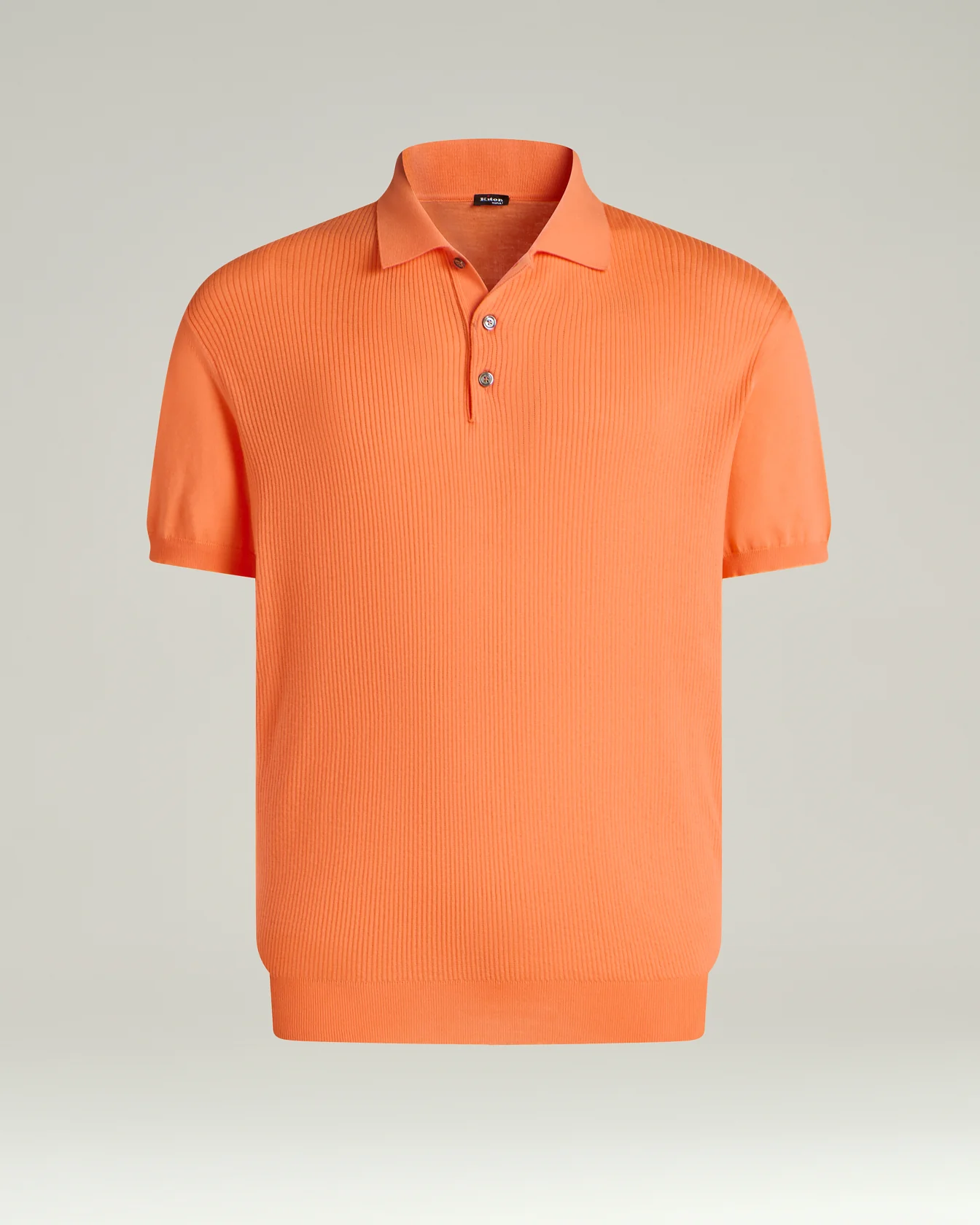 RIBBED COTTON POLO SHIRT IN PEACH WITH MOTHER OF PEARL BUTTONS