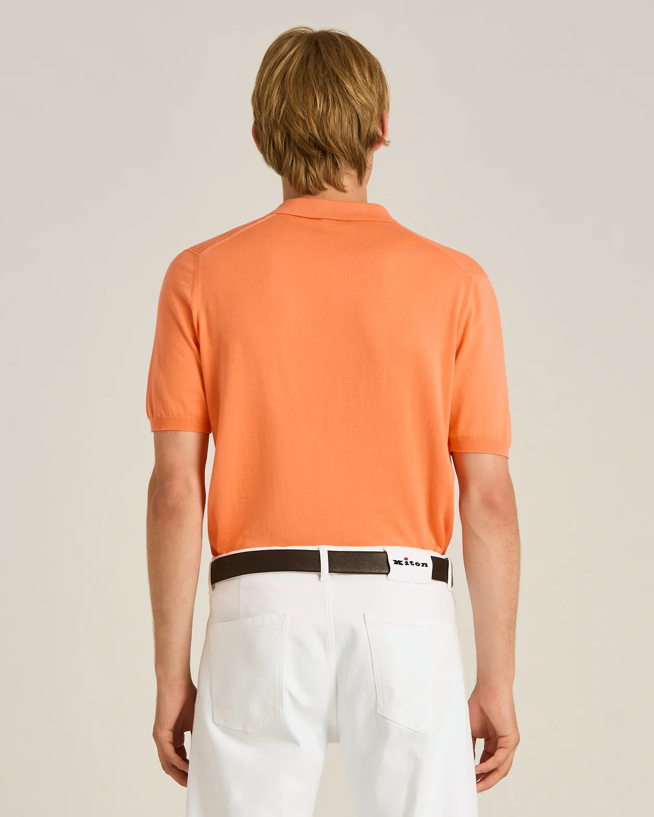 RIBBED COTTON POLO SHIRT IN PEACH WITH MOTHER OF PEARL BUTTONS - Image 3