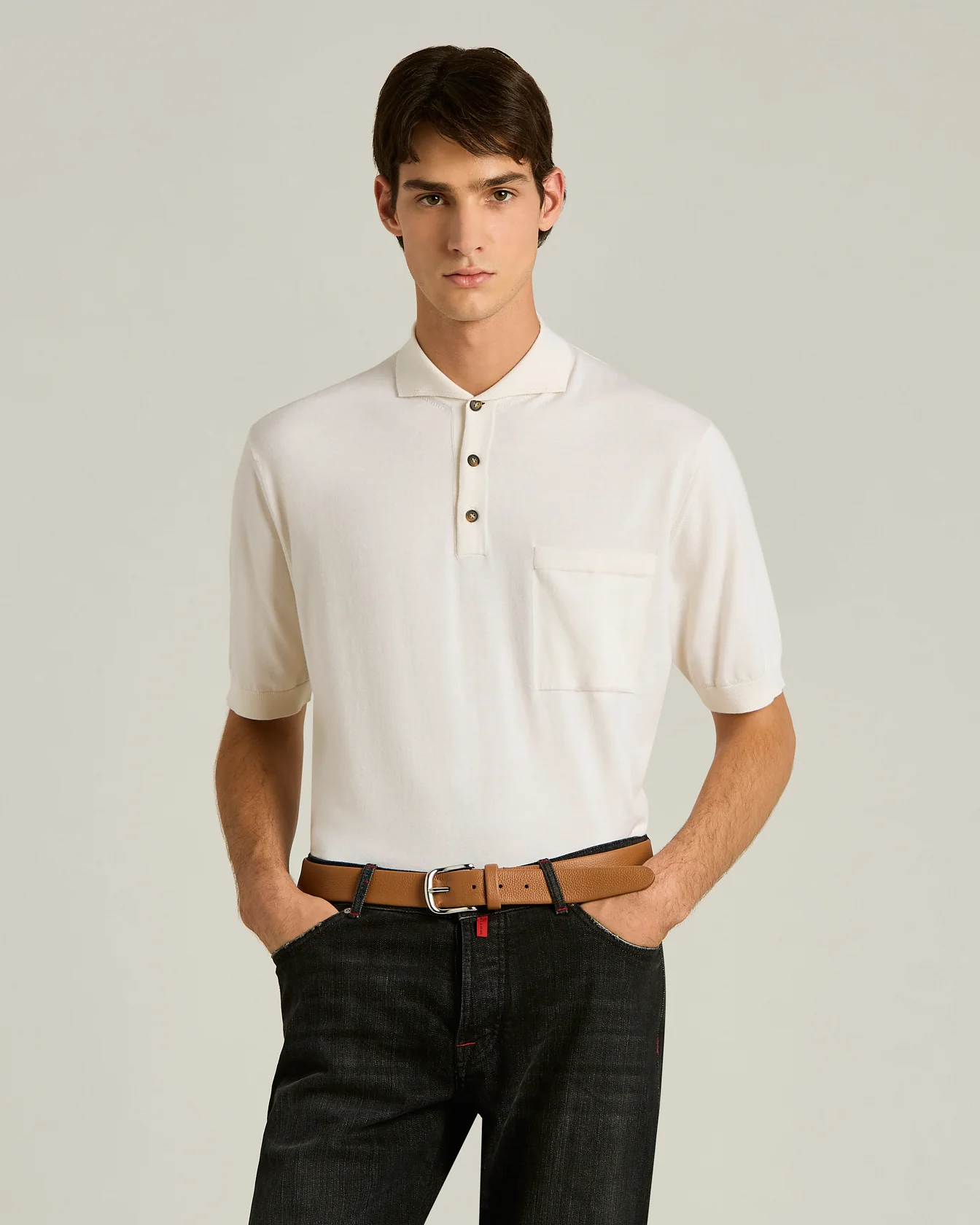 COTTON AND SILK KNIT SHORT SLEEVED POLO SHIRT IN WHITE - Image 2