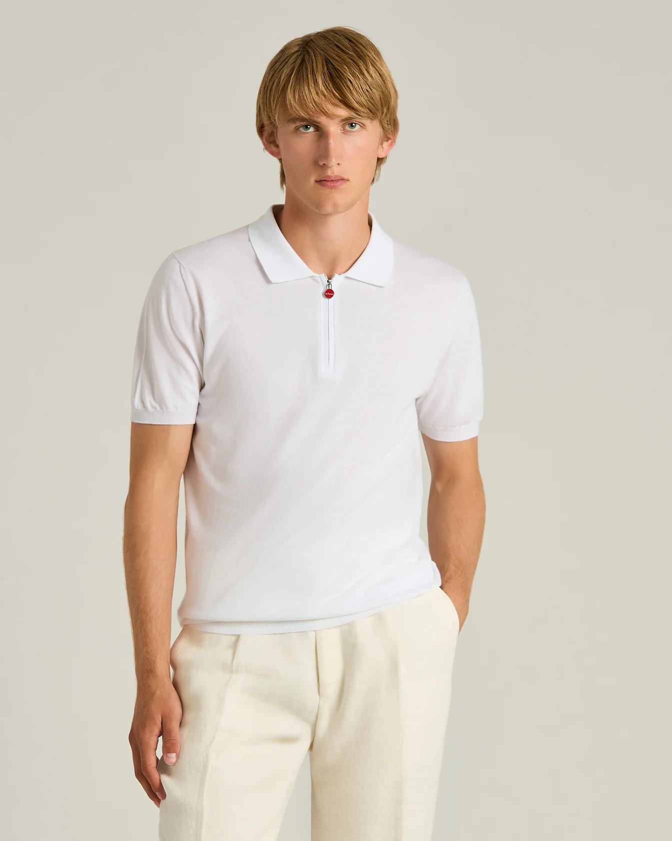 WHITE PURE COTTON ZIPPERED POLO SHIRT - Image 2