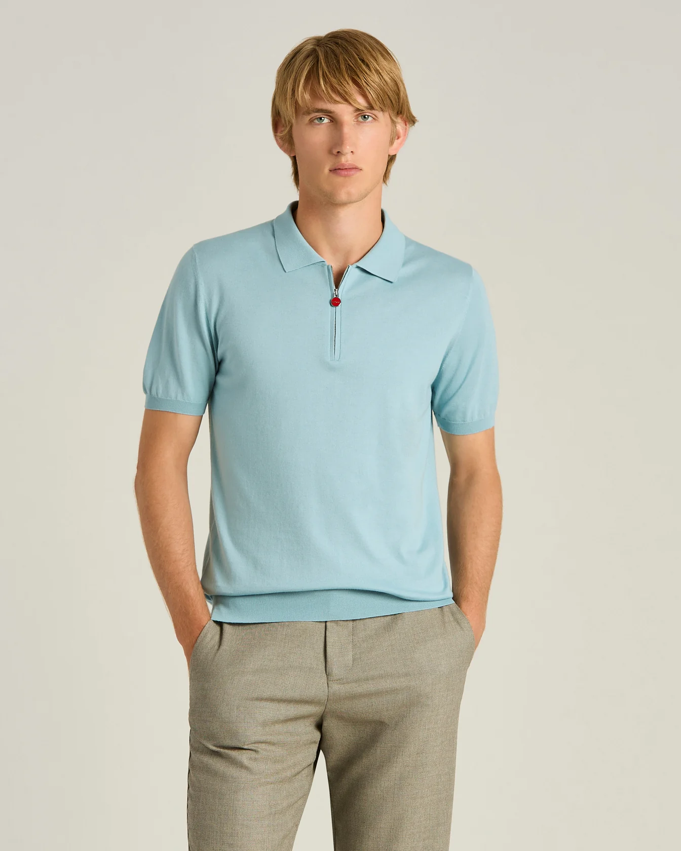 PURE COTTON ZIPPED POLO SHIRT IN POWDER BLUE - Image 2