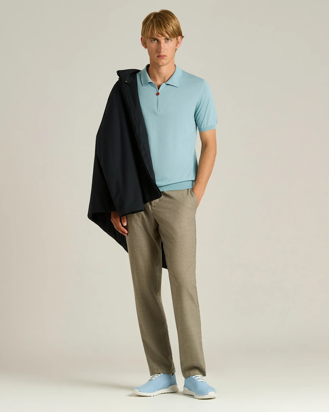 PURE COTTON ZIPPED POLO SHIRT IN POWDER BLUE - Image 5