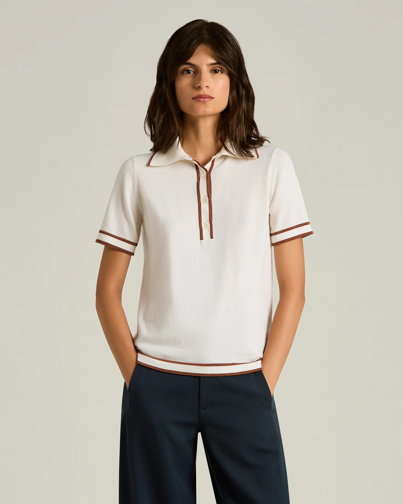 FINE WOOL POLO SHIRT WITH WHITE AND HAZELNUT CONTRASTING TRIMS - Image 2
