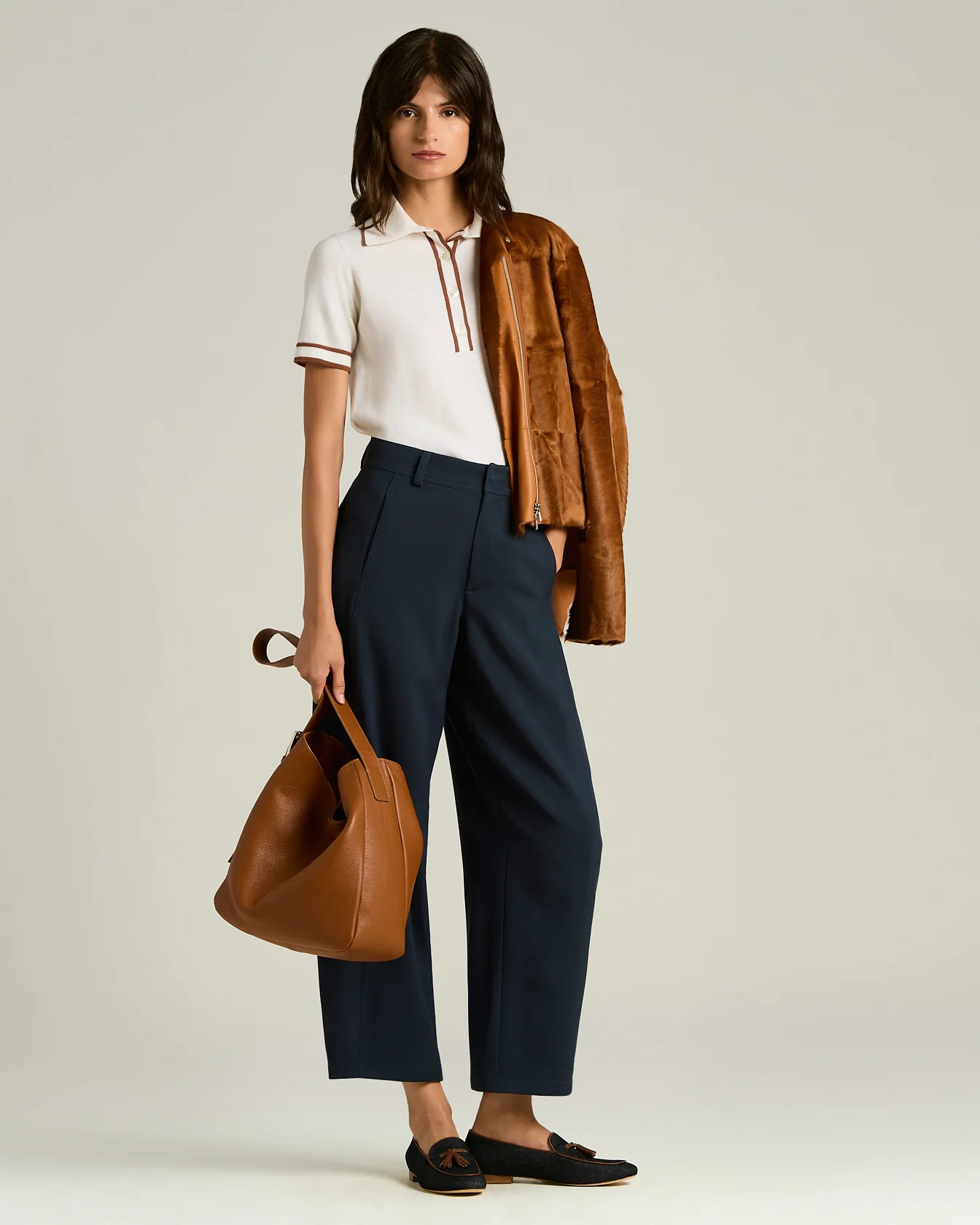 FINE WOOL POLO SHIRT WITH WHITE AND HAZELNUT CONTRASTING TRIMS - Image 5