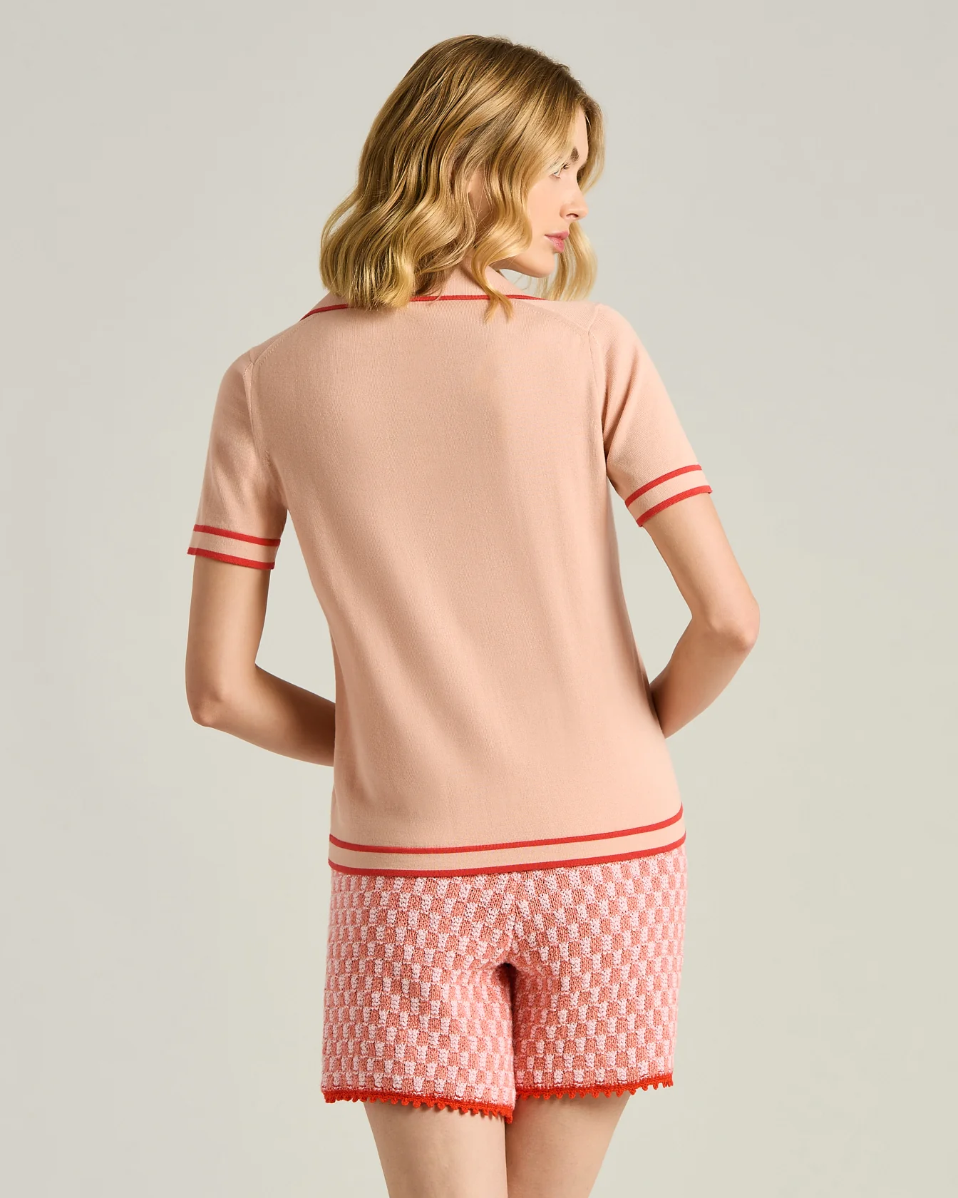 SILK POLO SHIRT WITH PEACH PINK/CORAL CONTRASTING TRIMS - Image 3