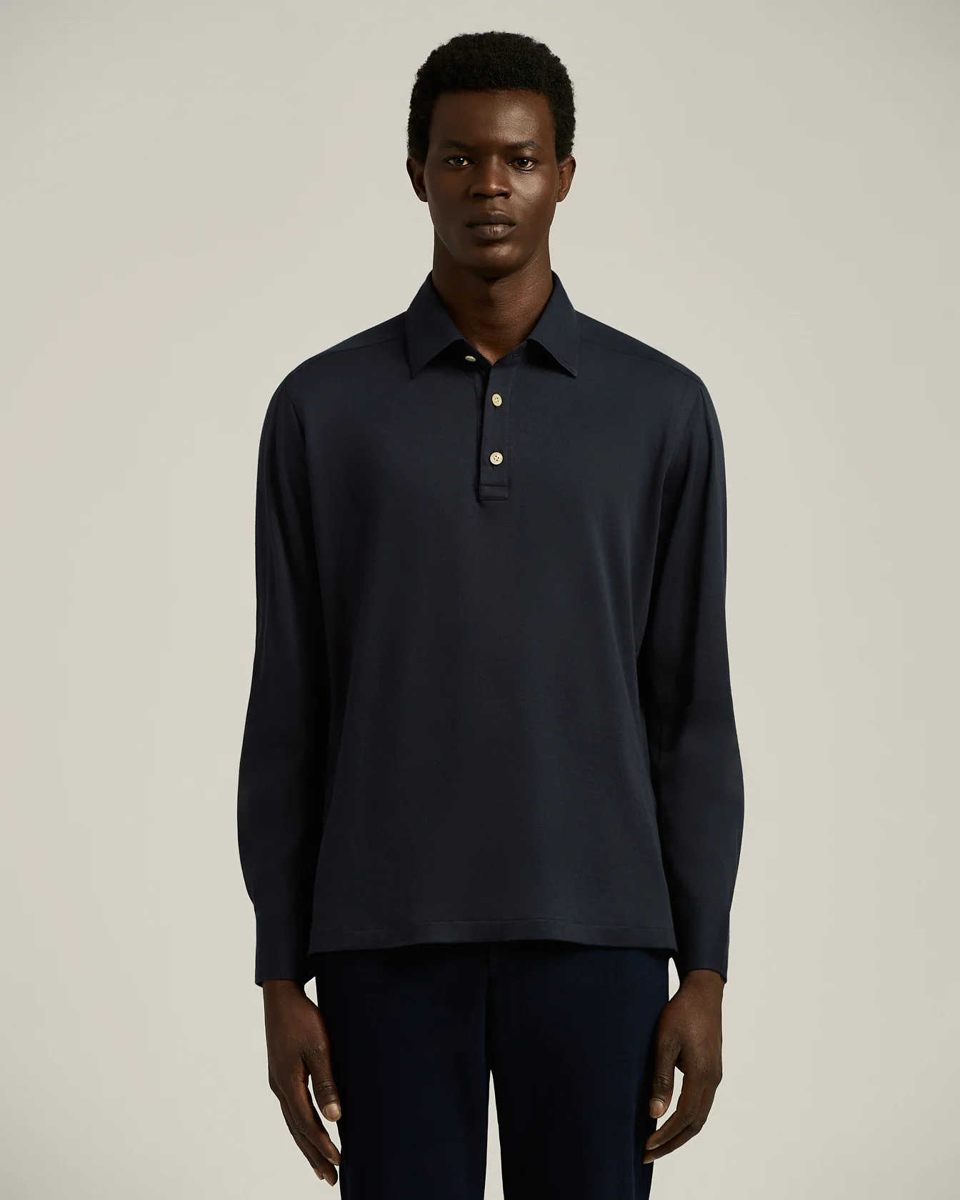 LONG-SLEEVE 'POSITANO' POLO IN NAVY COTTON JERSEY - Image 2