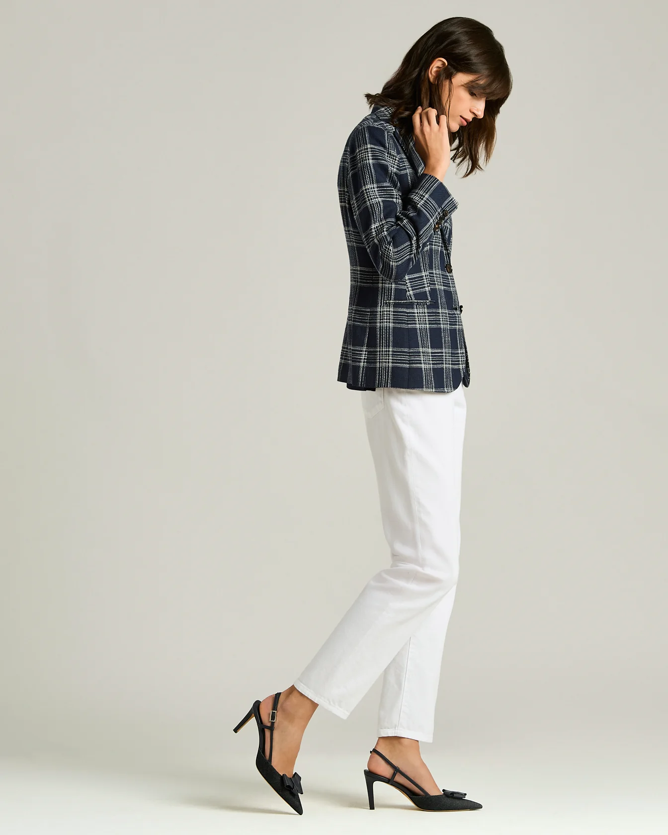 SLINGBACK COURT SHOE WITH STRAP IN BLUE CALFSKIN AND COTTON - Image 5