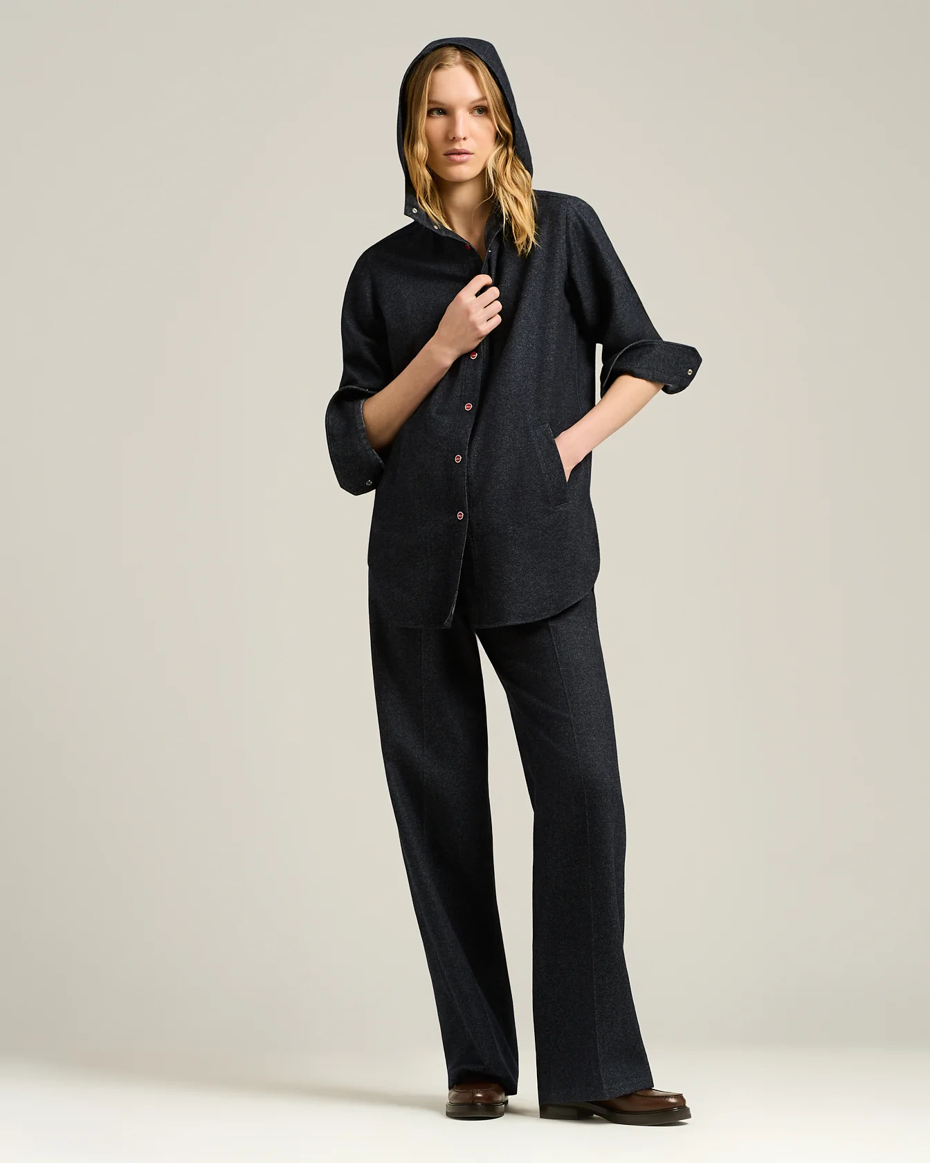 HOODED OVERSHIRT IN CASHMERE COTTON BLEND DARK BLUE - Image 5