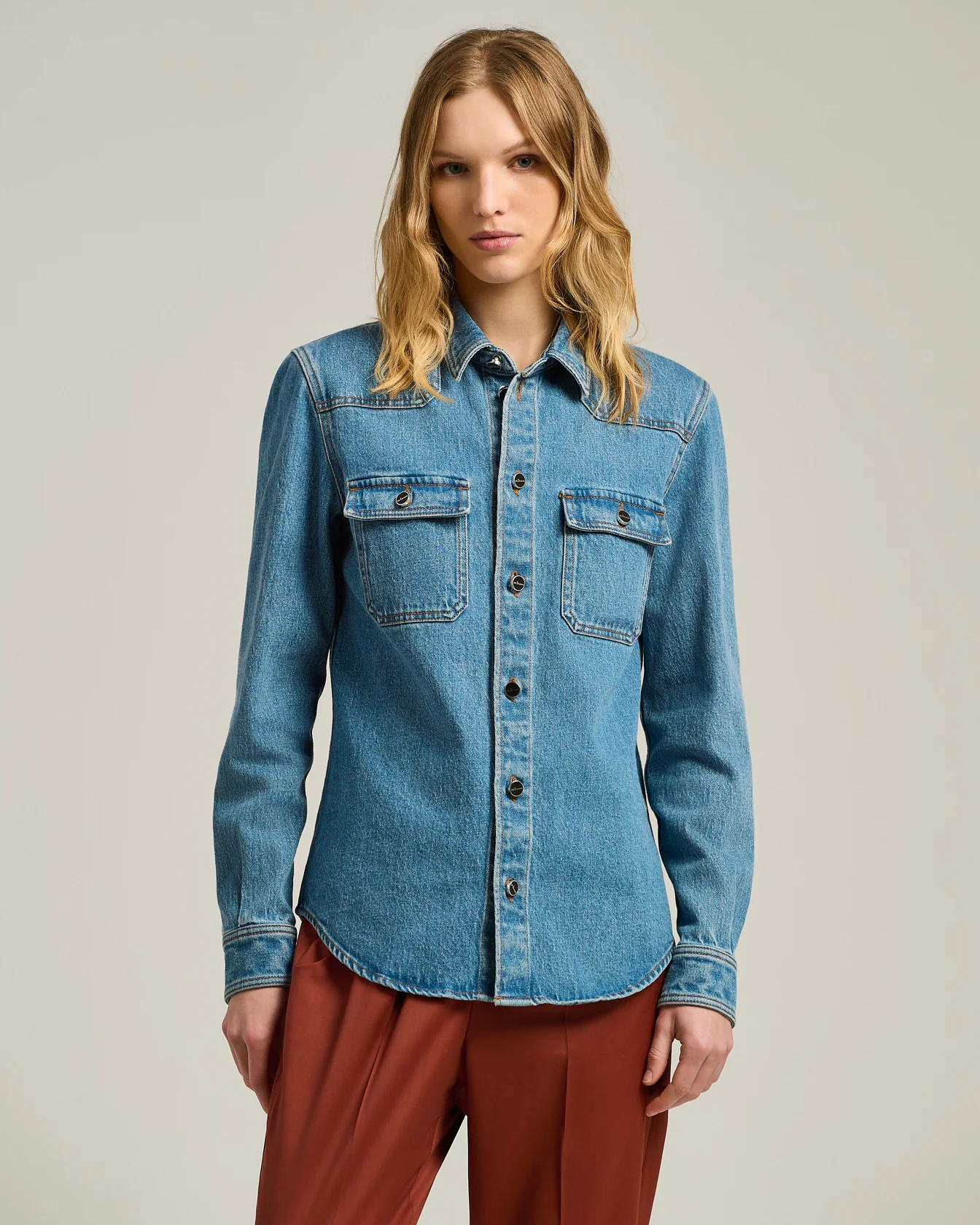 DENIM SHIRT MEDIUM BLUE STRETCH WITH POCKETS - Image 2