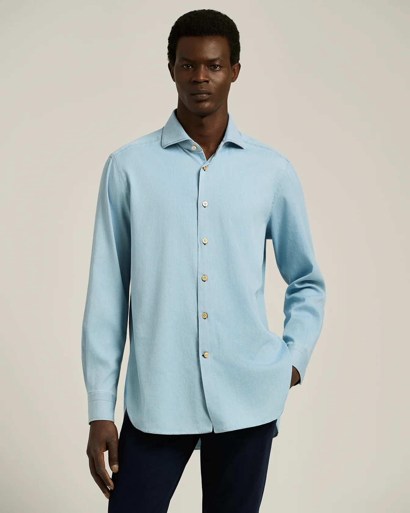 CASUAL LIGHT BLUE DENIM SHIRT WITH SPREAD COLLAR - Image 2