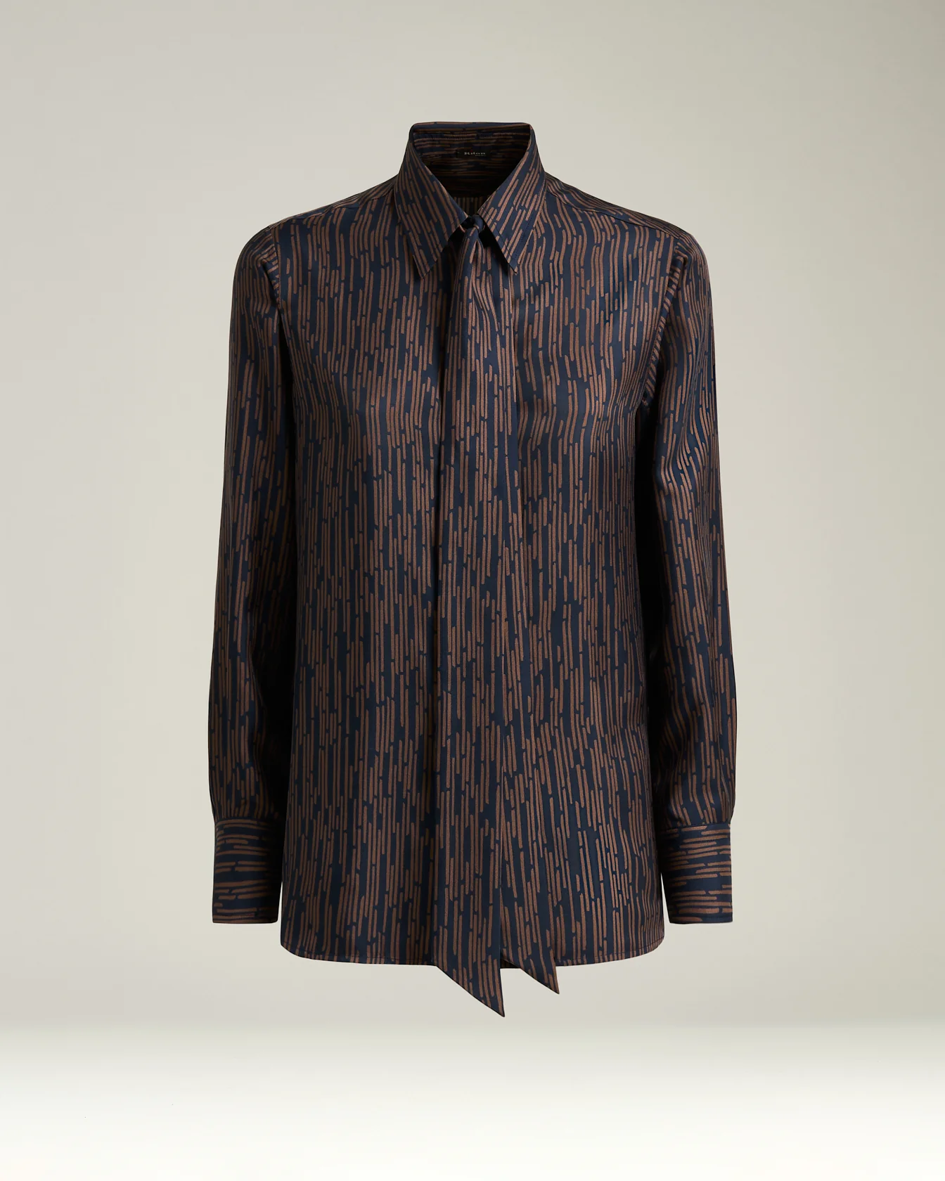 BLUE AND BROWN PRINTED SILK BLOUSE WITH TIE NECK