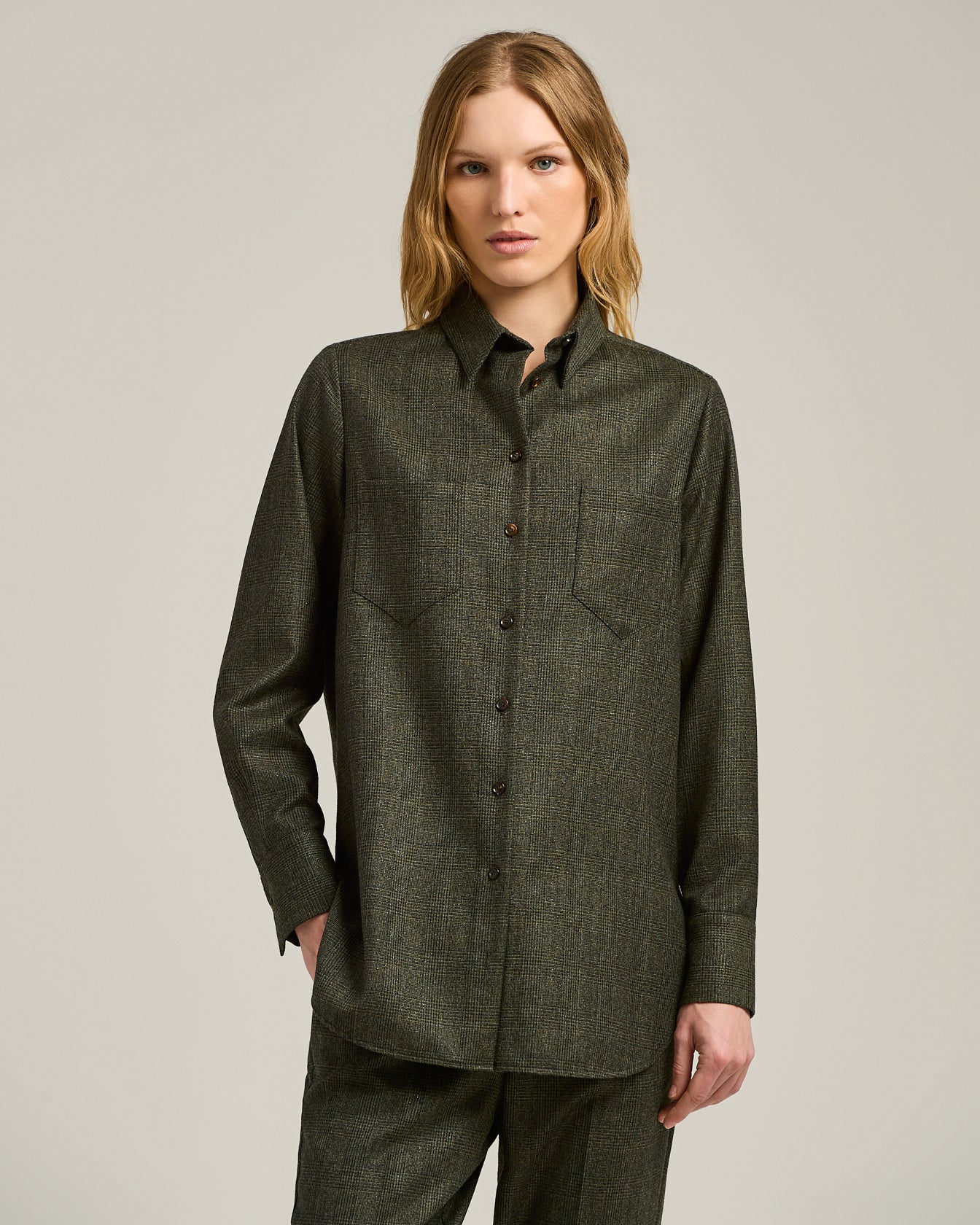 GREEN PRINCE OF WALES WOOL-BLEND BLOUSE - Image 2