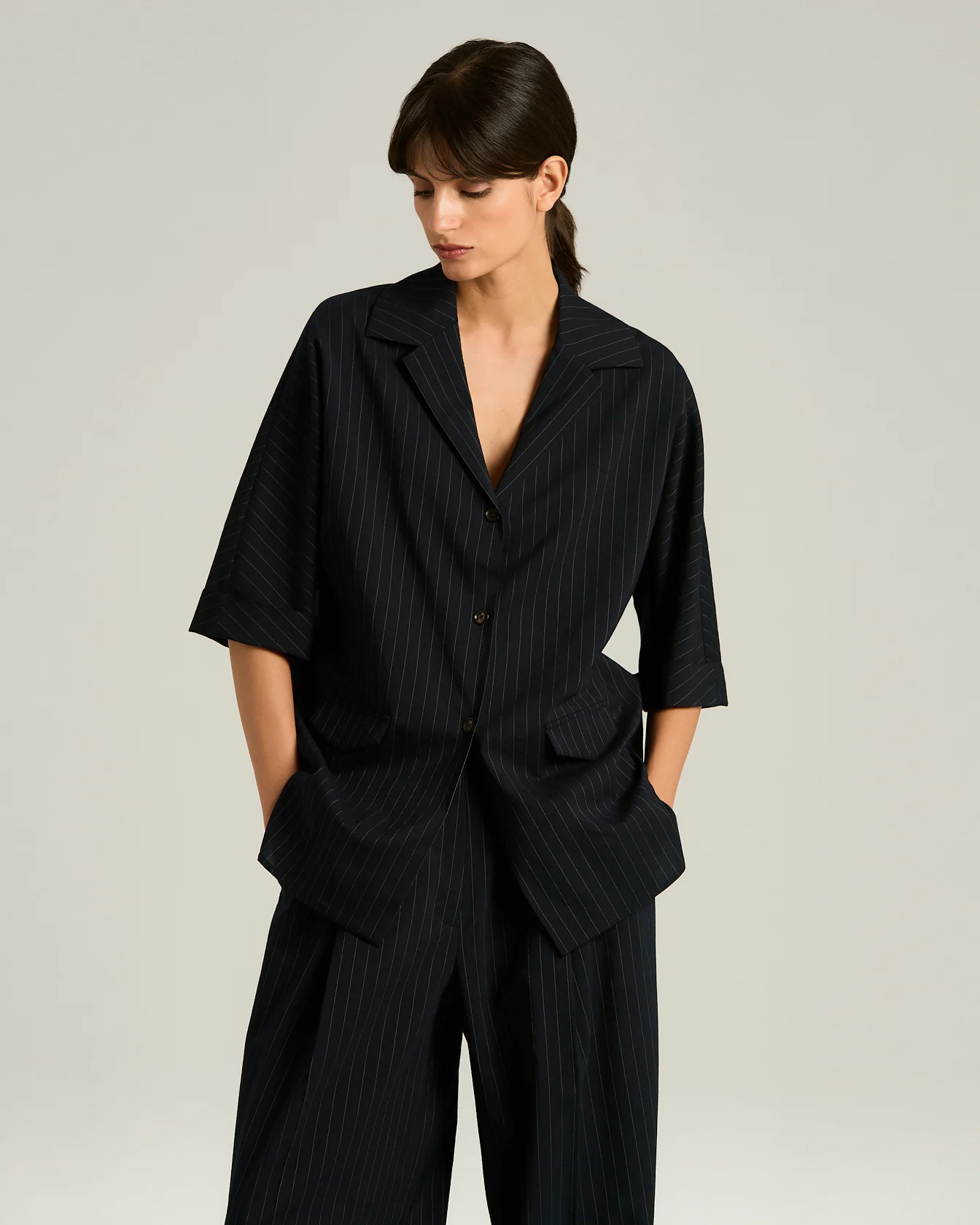 WOOL SHIRT WITH STRIPED PATTERN IN BLACK VIRGIN WOOL - Image 2
