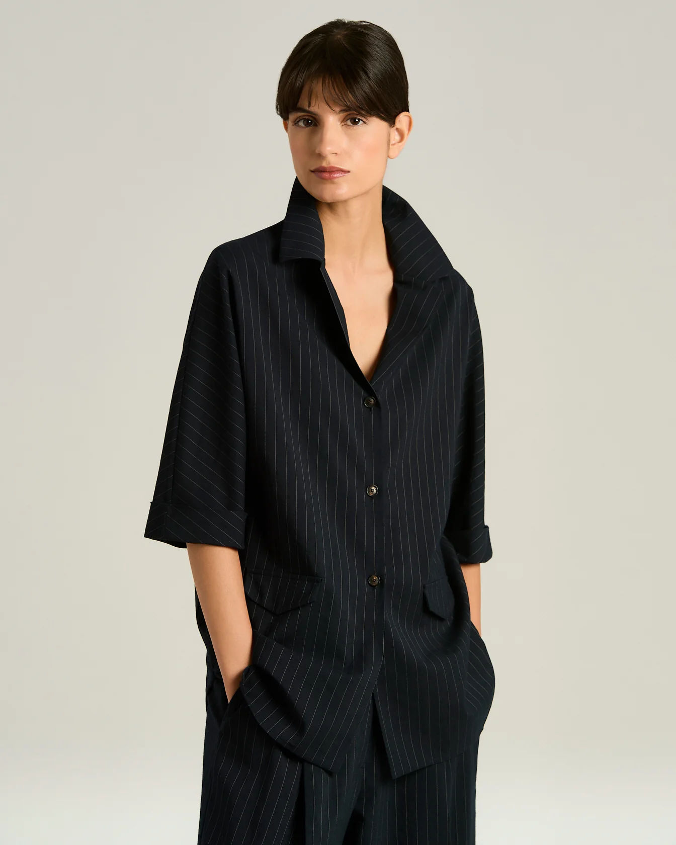 WOOL SHIRT WITH STRIPED PATTERN IN BLACK VIRGIN WOOL - Image 4