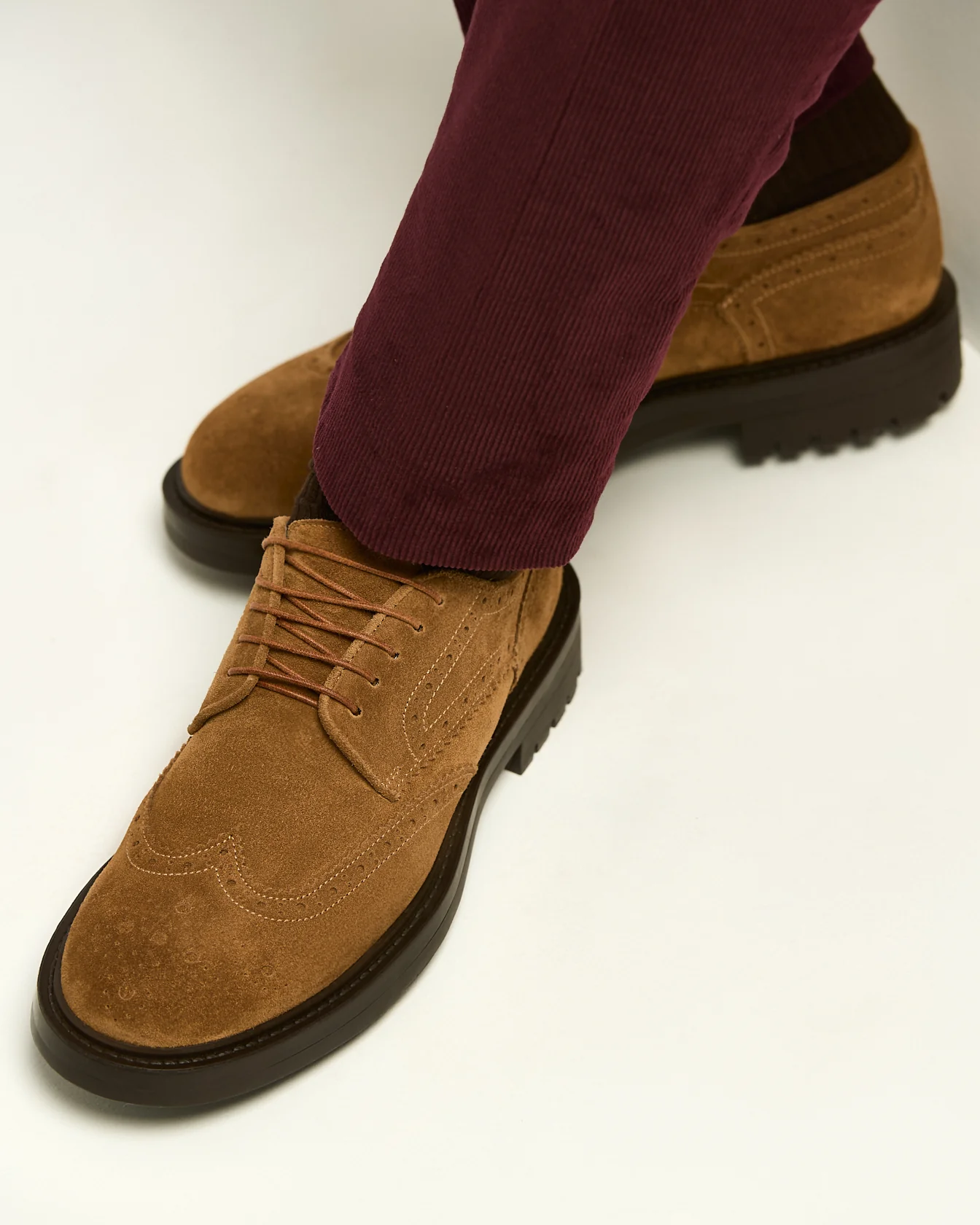 DERBY IN CALFSKIN SUEDE WITH BROGUED FLOWER PATTERN CAMEL - Image 3