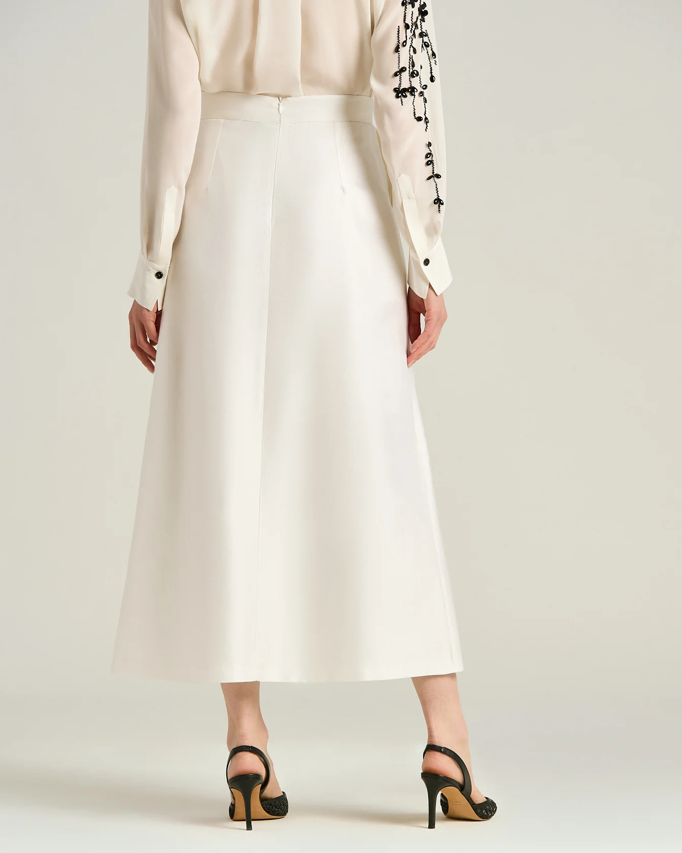 TAILORED SKIRT WITH RAISED EMBROIDERY OPTICAL WHITE COTTON AND SILK SATIN - Image 3