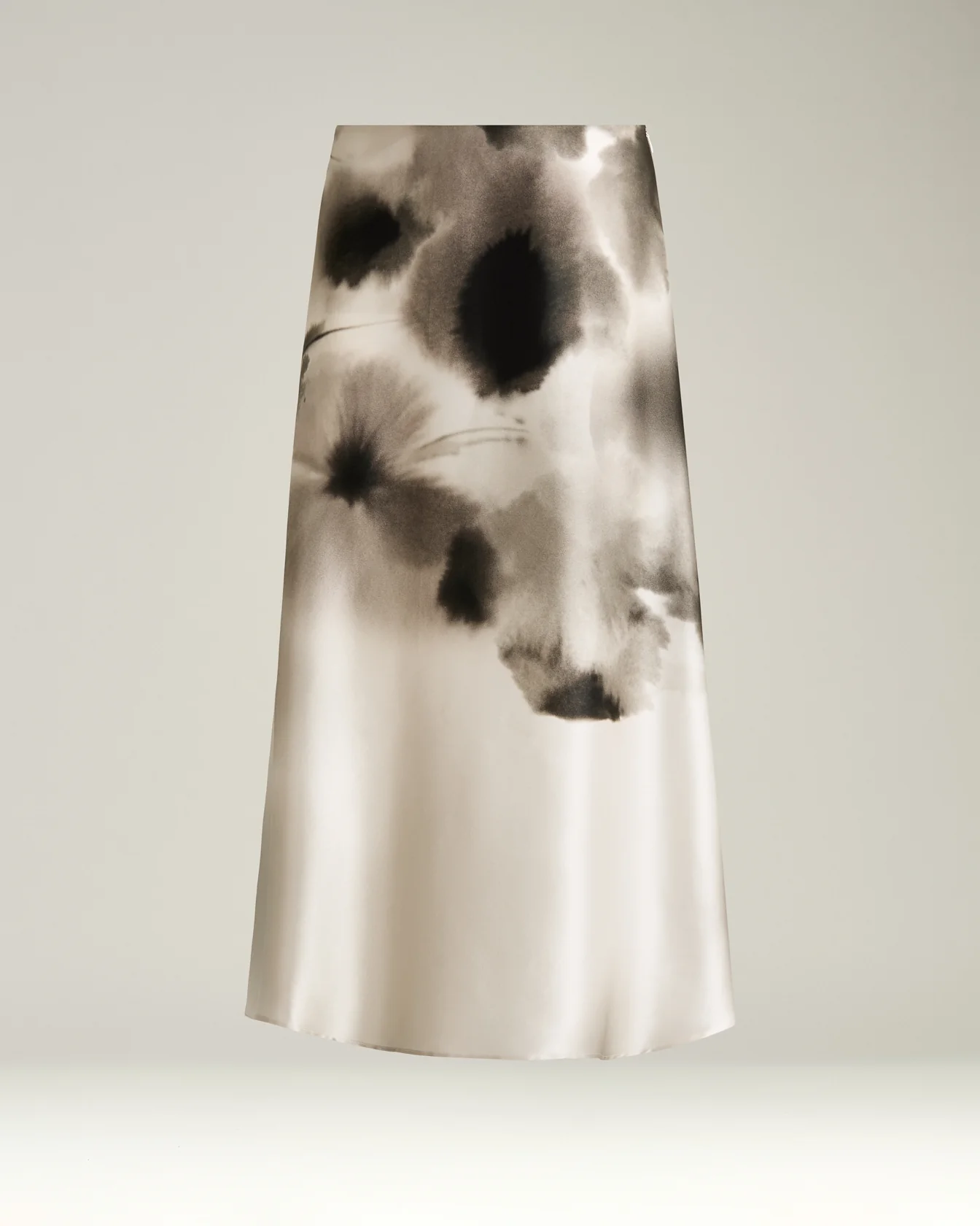 LONGUETTE SKIRT IN PURE SILK CREAM WITH ABSTRACT BROWN PRINT