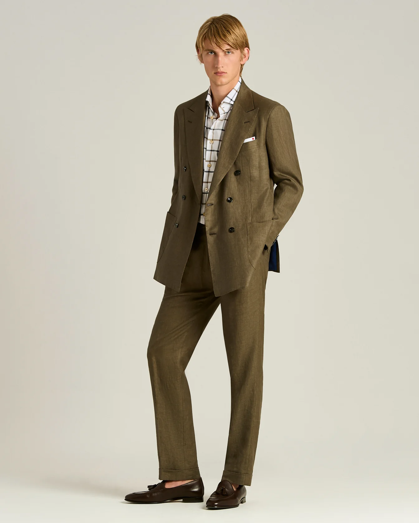 LINEN AND WOOL BLEND DOUBLE-BREASTED BROWN SUIT - Image 5
