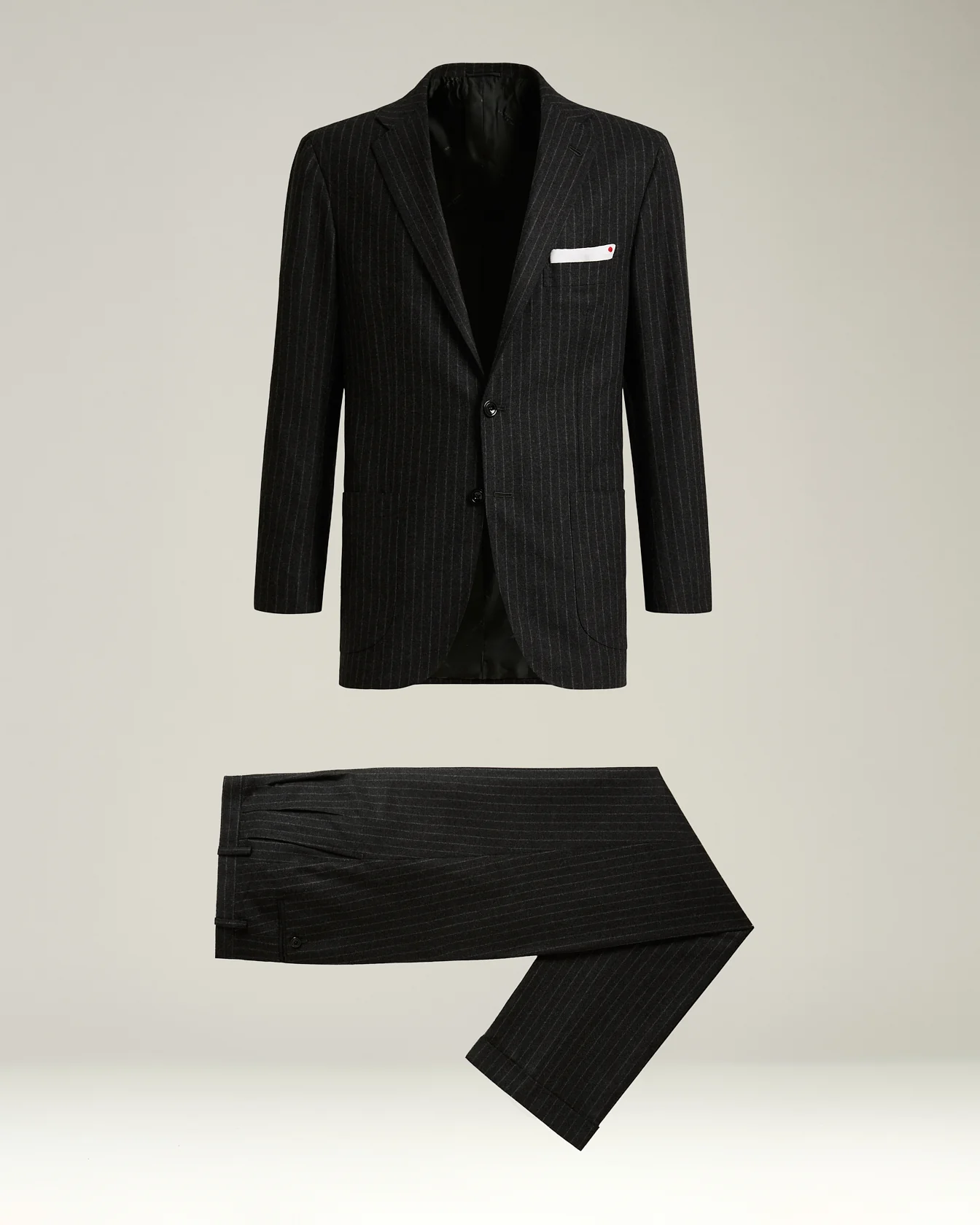 DARK GREY SINGLE-BREASTED WOOL AND CASHMERE PINSTRIPE SUIT