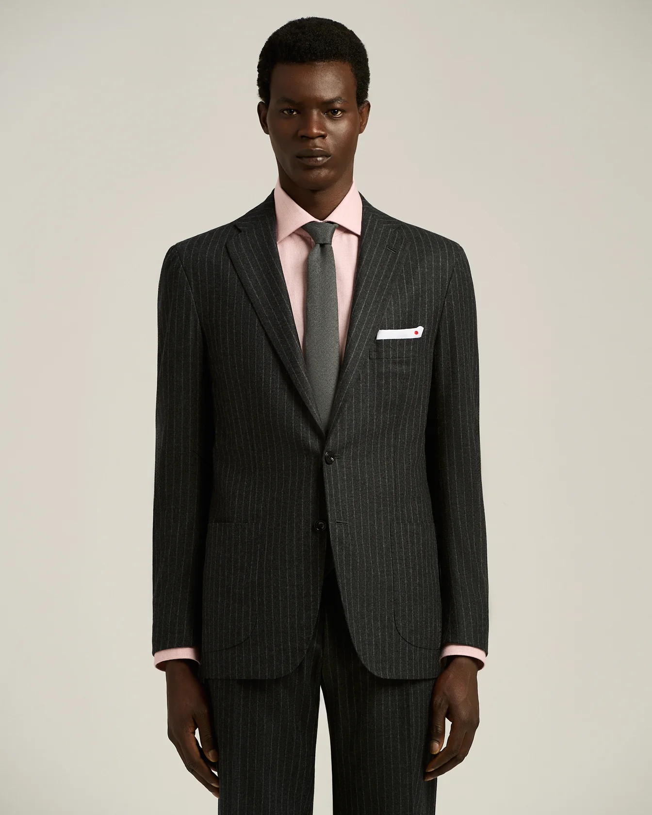 DARK GREY SINGLE-BREASTED WOOL AND CASHMERE PINSTRIPE SUIT - Image 2