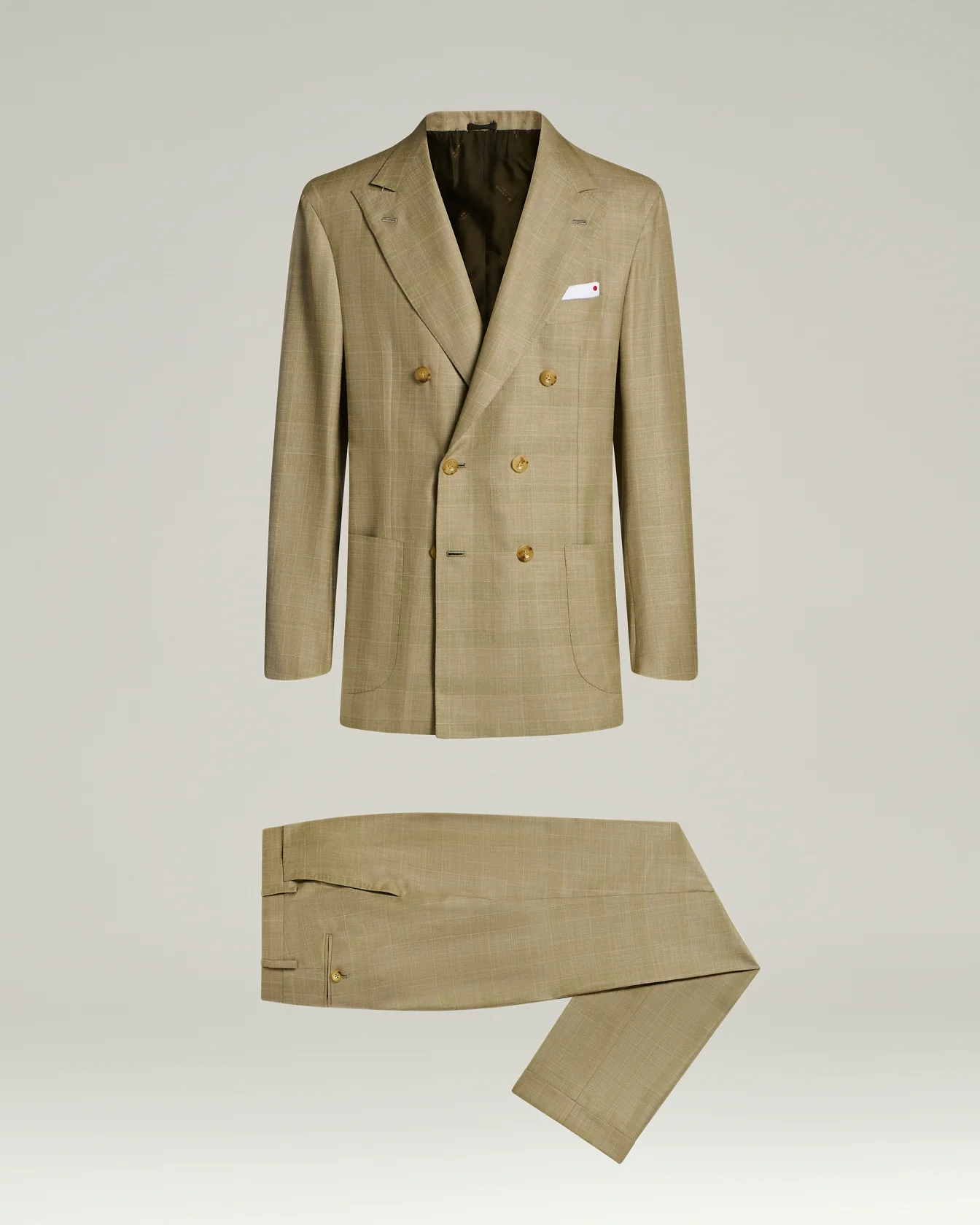 WOOL, SILK AND LINEN BLEND DOUBLE-BREASTED BROWN SUIT