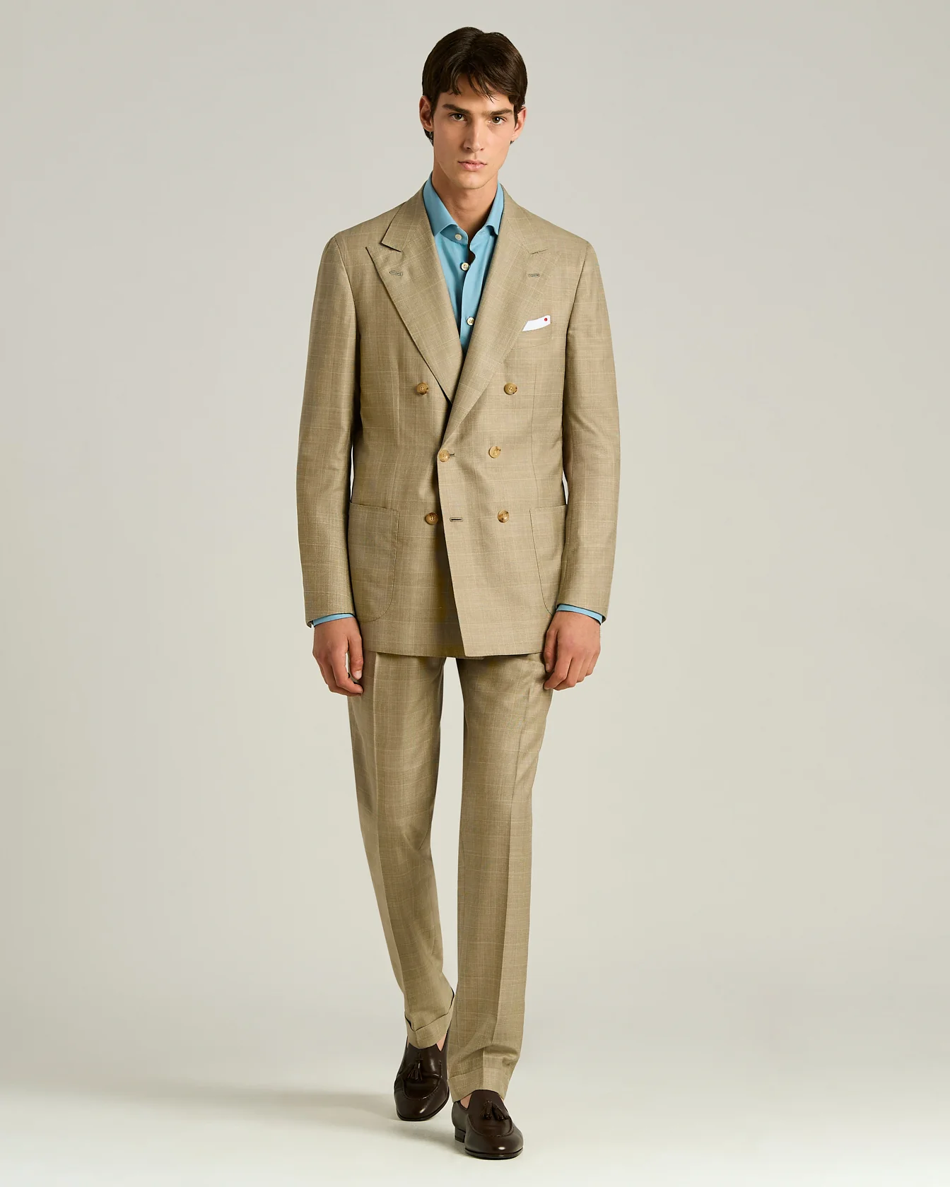 WOOL, SILK AND LINEN BLEND DOUBLE-BREASTED BROWN SUIT - Image 2
