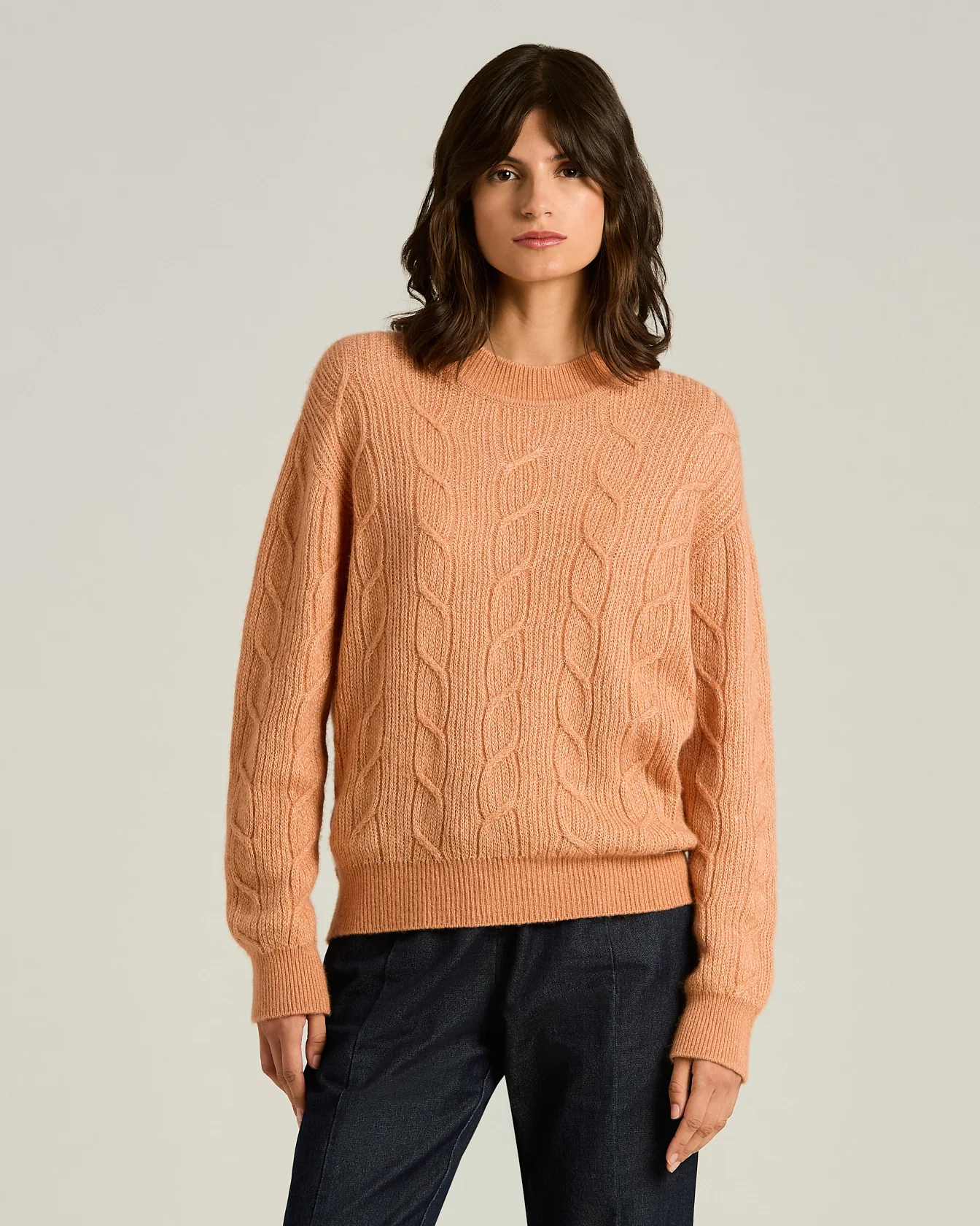 FINE YARN CREWNECK SWEATER PEACH PINK WHITE - Image 2