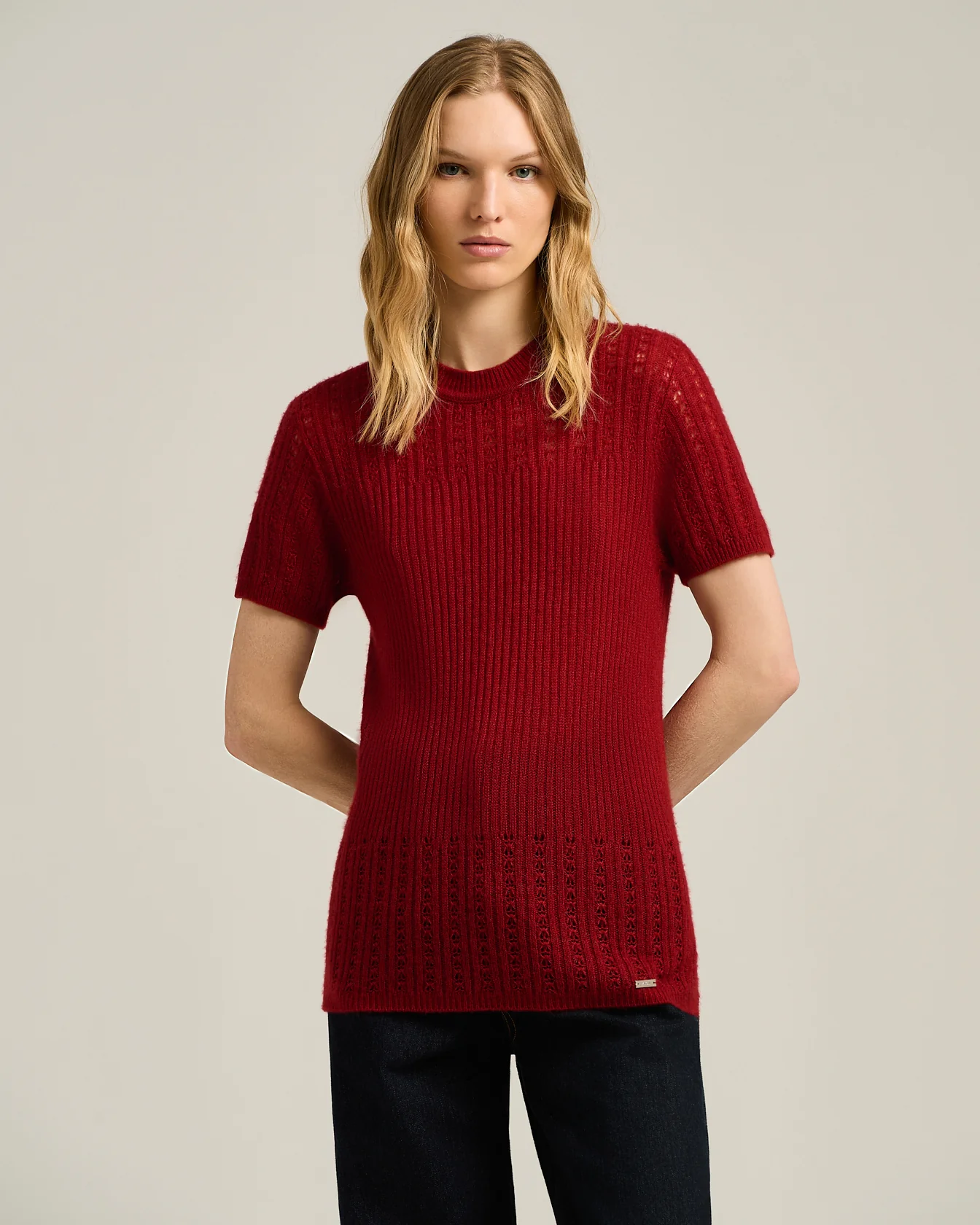 OPENWORK CREW NECK SWEATER IN CASHMERE AND SILK BURGUNDY - Image 2