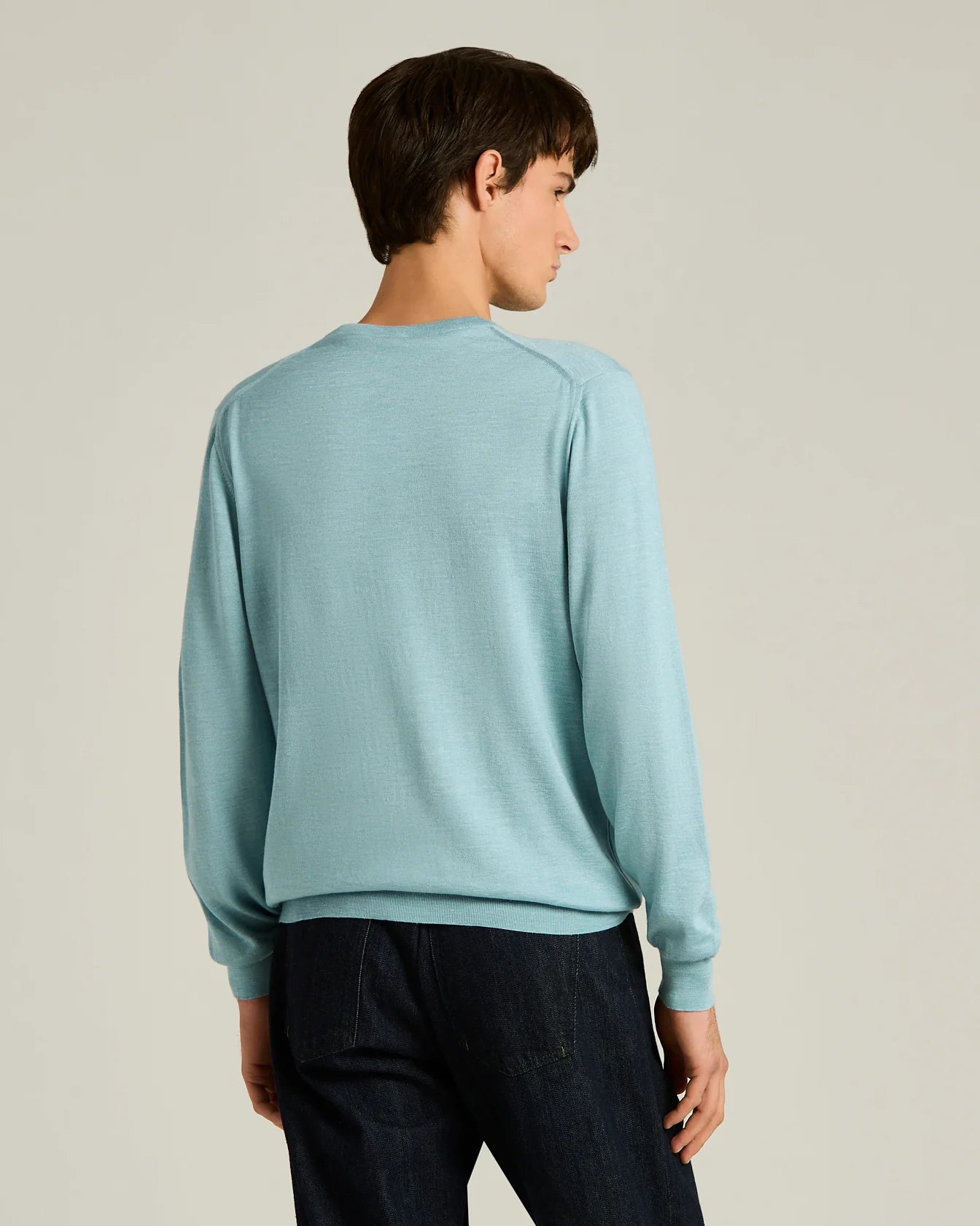 SILK, CASHMERE AND LINEN BLEND CREW NECK SWEATER IN POWDER BLUE - Image 3