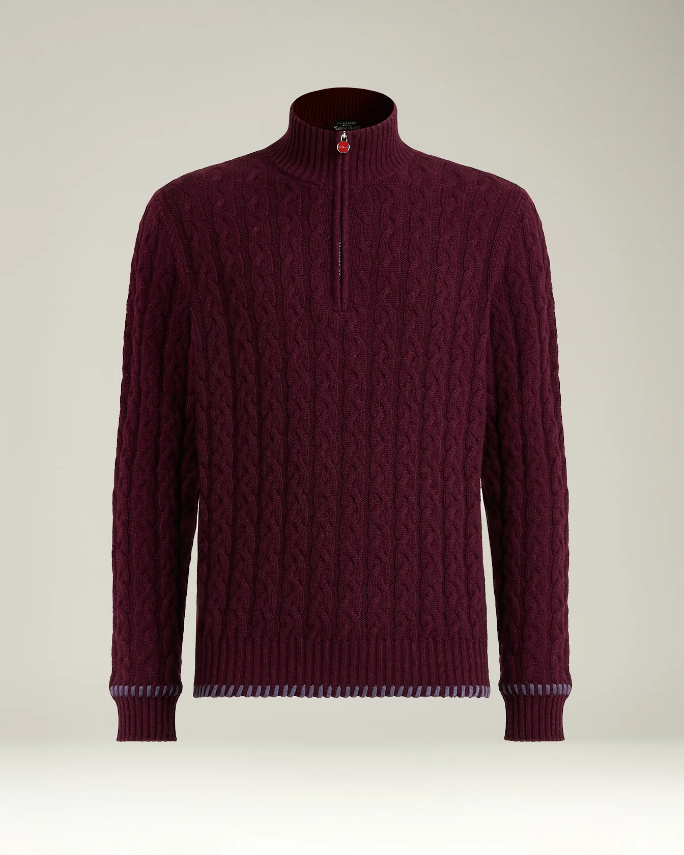 PURE CASHMERE BRAIDED MOCK‑NECK IN BURGUNDY WITH HALF‑ZIP