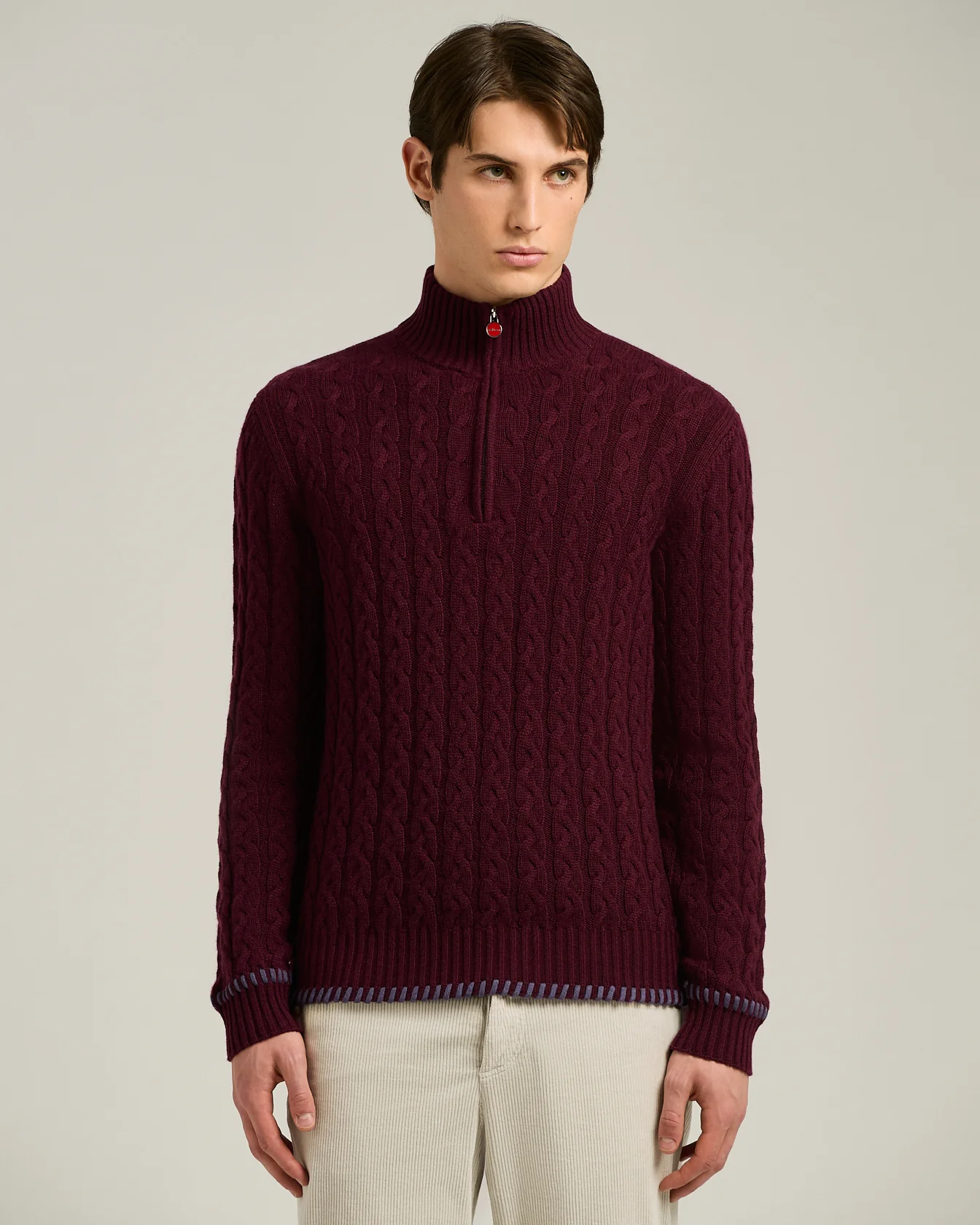 PURE CASHMERE BRAIDED MOCK‑NECK IN BURGUNDY WITH HALF‑ZIP - Image 2