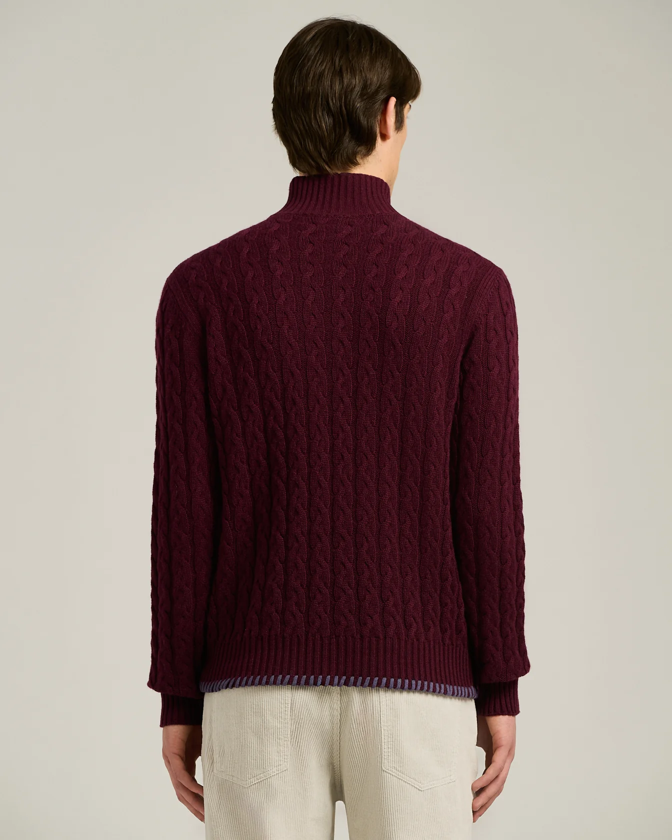 PURE CASHMERE BRAIDED MOCK‑NECK IN BURGUNDY WITH HALF‑ZIP - Image 3