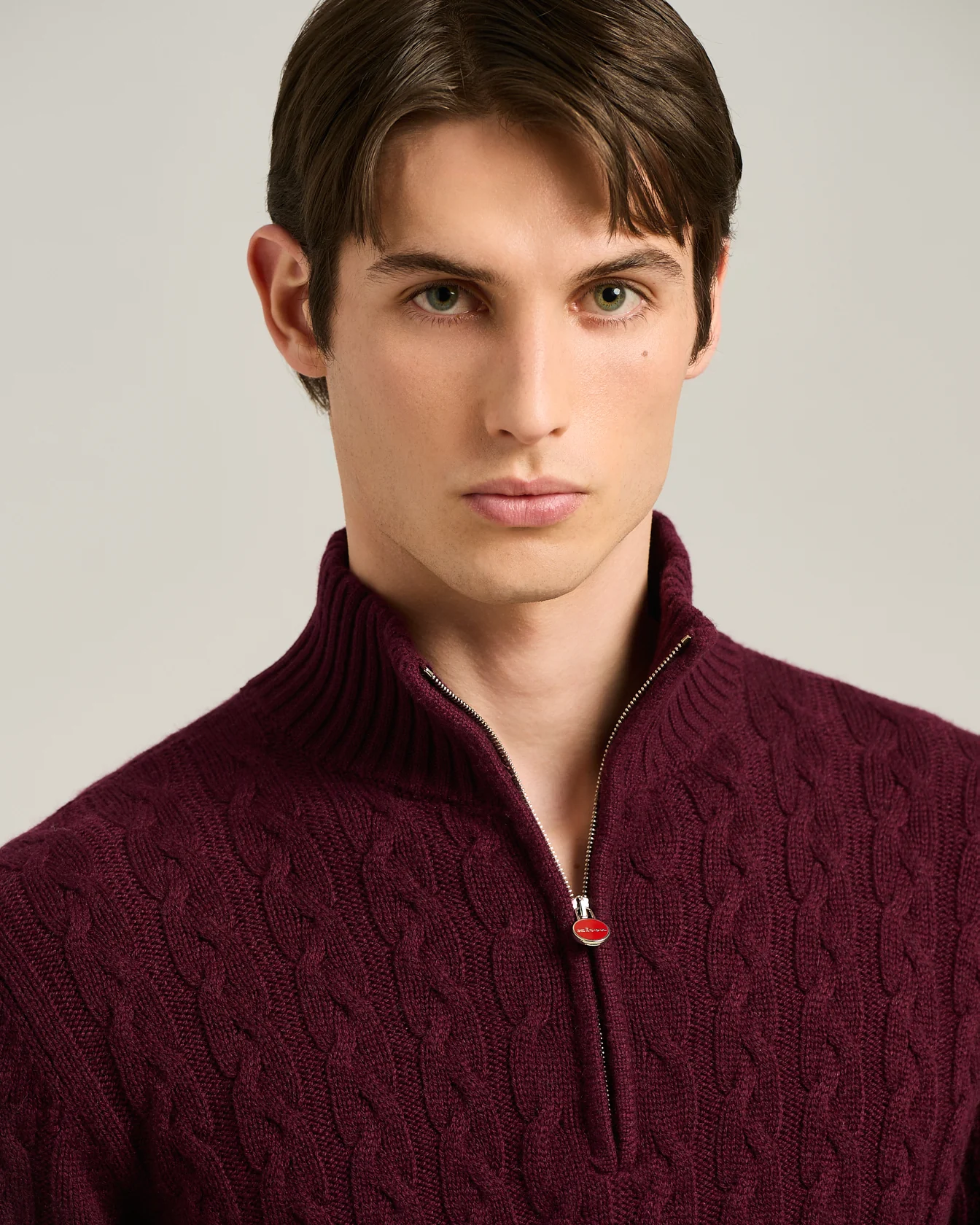 PURE CASHMERE BRAIDED MOCK‑NECK IN BURGUNDY WITH HALF‑ZIP - Image 4