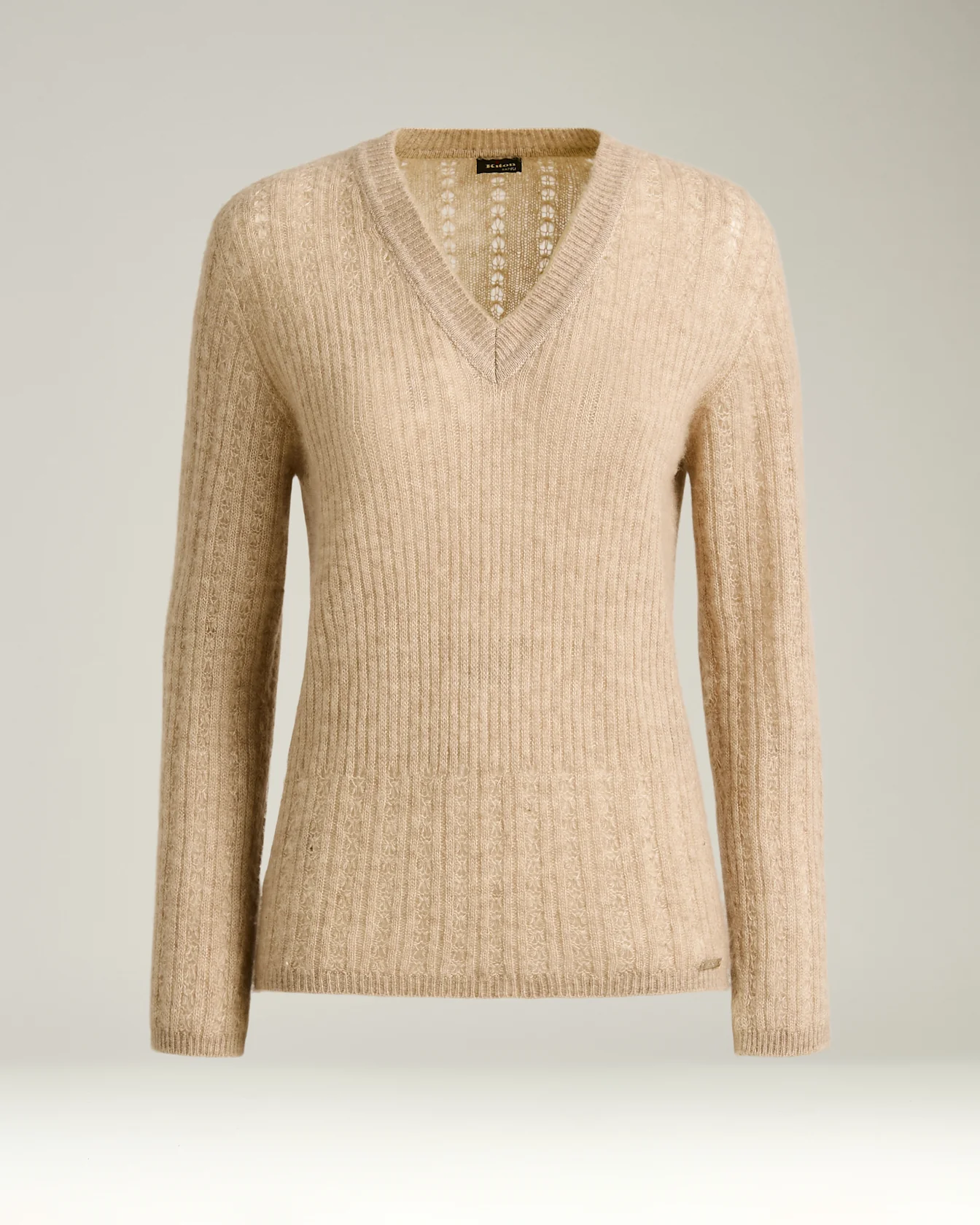 V-NECK OPENWORK SWEATER IN CASHMERE AND SILK BEIGE
