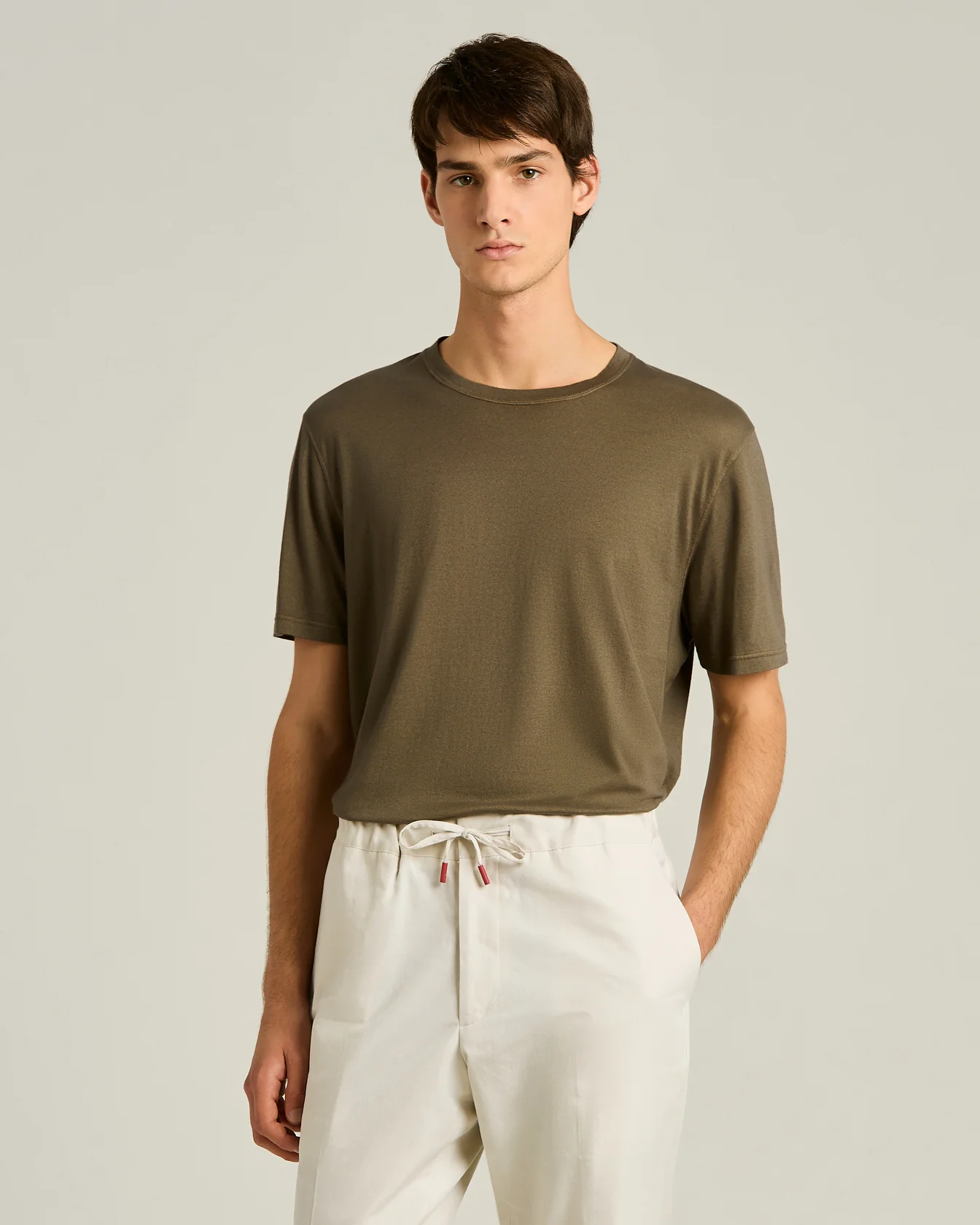COTTON AND CASHMERE BLEND T-SHIRT IN BROWN - Image 2