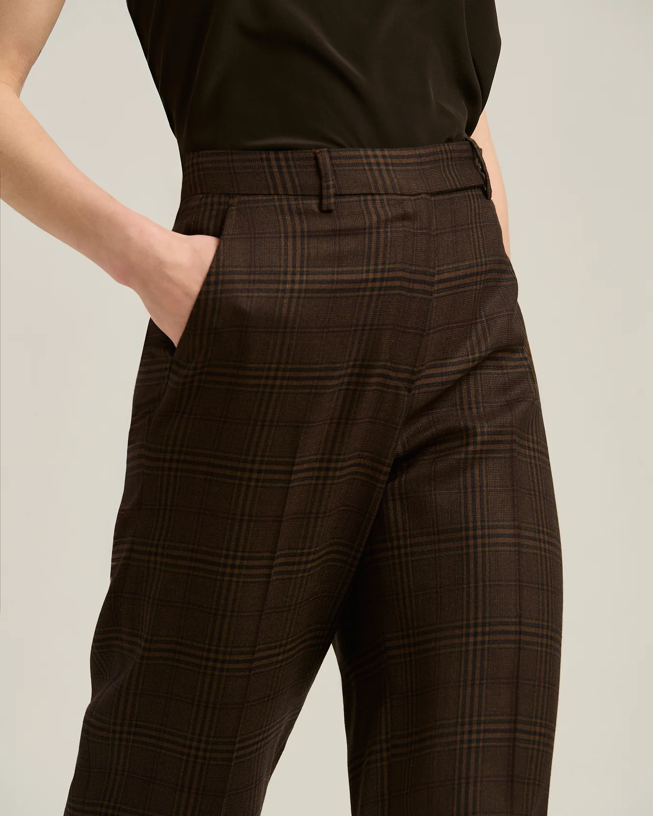 HIGH-WAIST PALAZZO TROUSERS PRINCE OF WALES IN PURE CASHMERE BROWN - Image 4