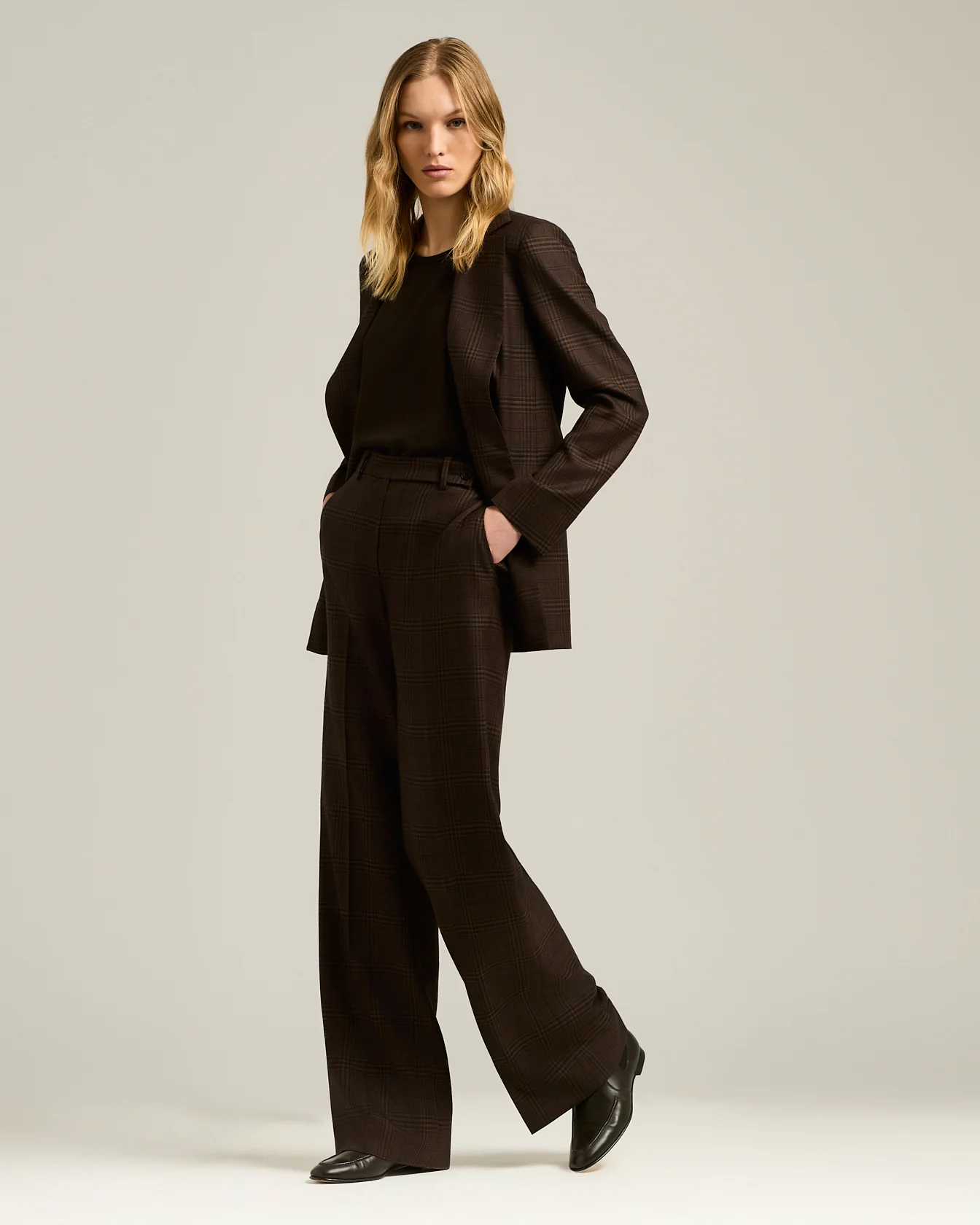 HIGH-WAIST PALAZZO TROUSERS PRINCE OF WALES IN PURE CASHMERE BROWN - Image 5