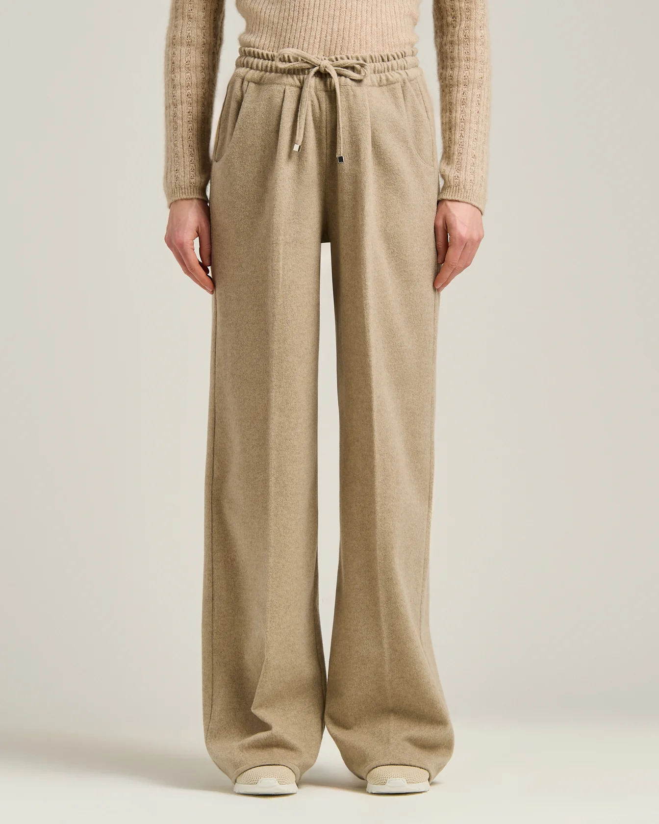 BEIGE WIDE-LEG PURE CASHMERE TROUSERS - Image 2
